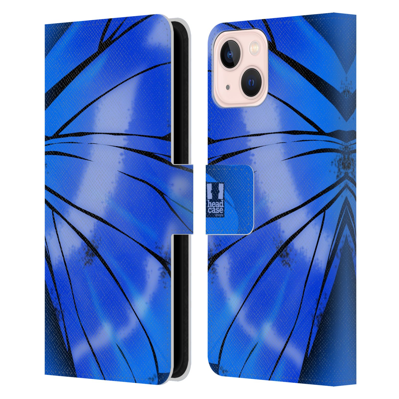 Pouzdro HEAD CASE na mobil Apple Iphone 13 motýl a křídla kreslený vzor modrá zářivá
