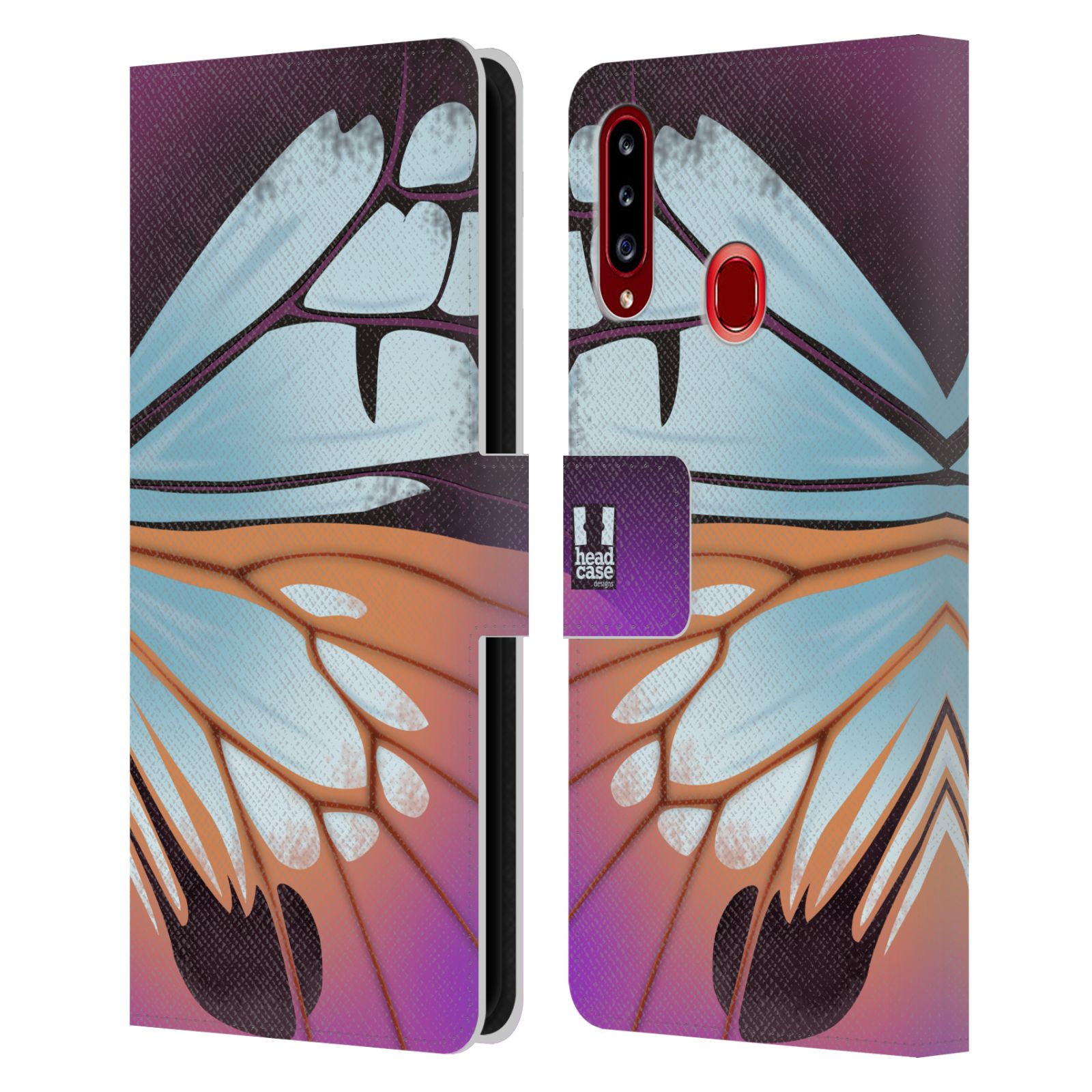 HEAD CASE Flipové pouzdro pro mobil Samsung Galaxy A20s motýl a křídla kreslený vzor fialová a modrá