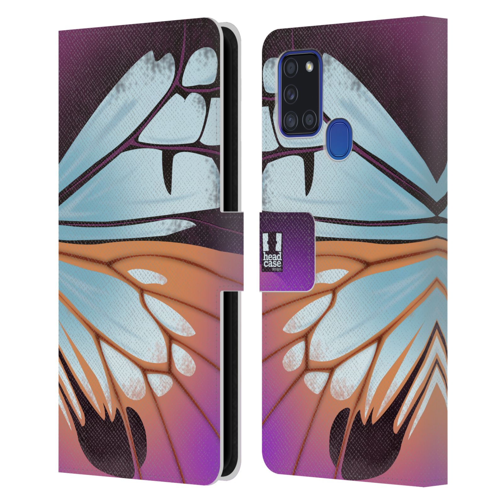 HEAD CASE Flipové pouzdro pro mobil Samsung Galaxy A21s motýl a křídla kreslený vzor fialová a modrá