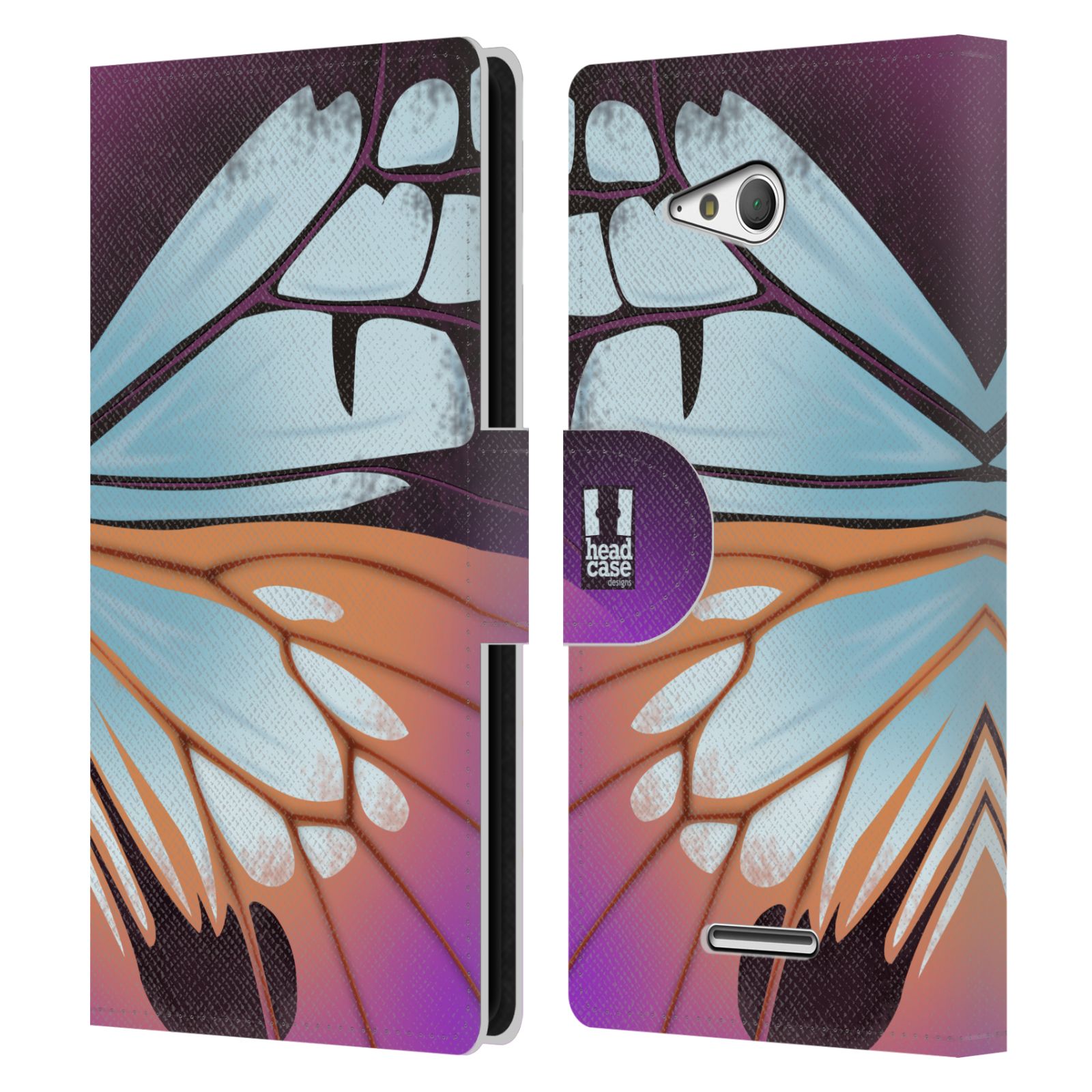 HEAD CASE Flipové pouzdro pro mobil SONY XPERIA E4g motýl a křídla kreslený vzor fialová a modrá