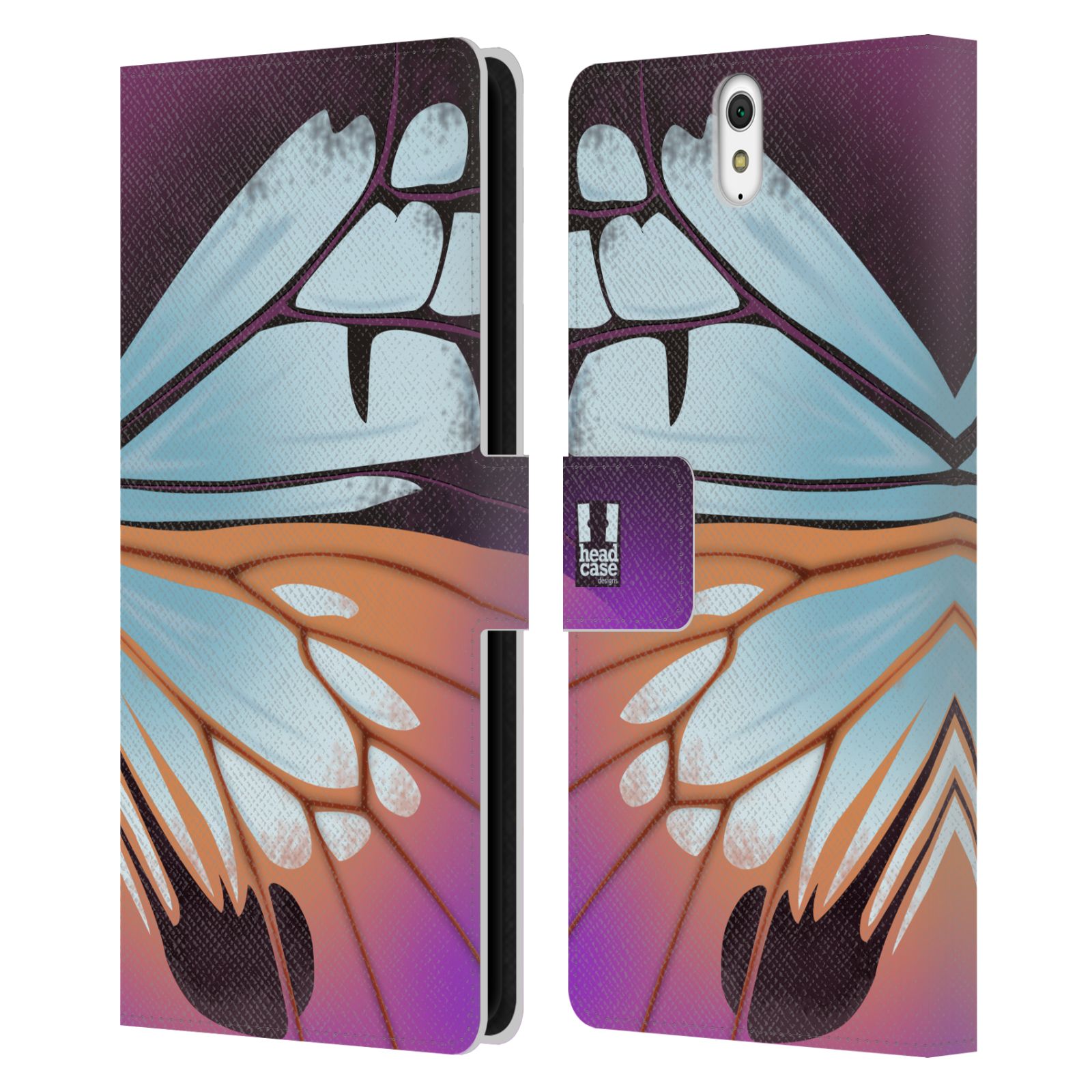 HEAD CASE Flipové pouzdro pro mobil SONY XPERIA C5 Ultra motýl a křídla kreslený vzor fialová a modrá