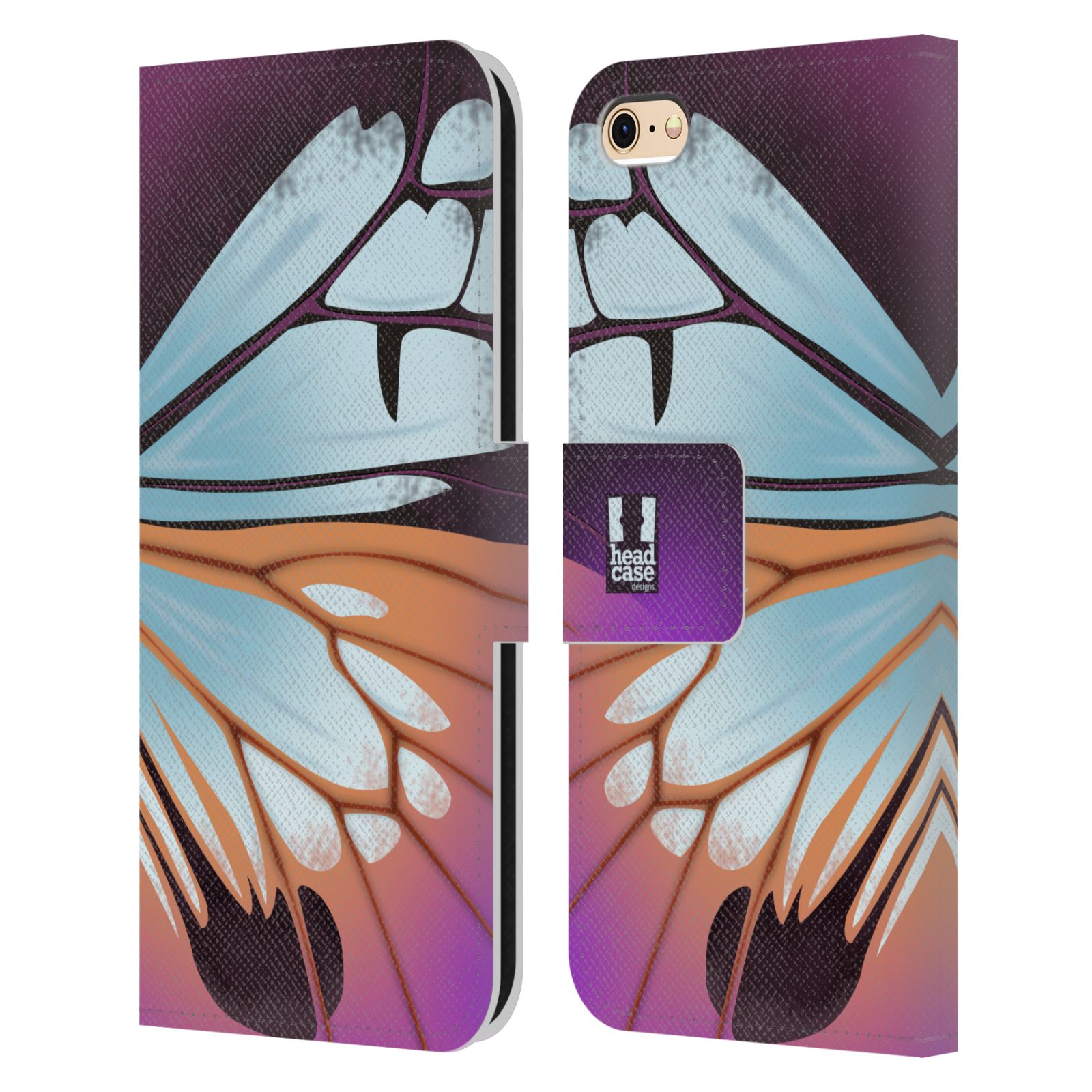 HEAD CASE Flipové pouzdro pro mobil Apple Iphone 6/6s motýl a křídla kreslený vzor fialová a modrá