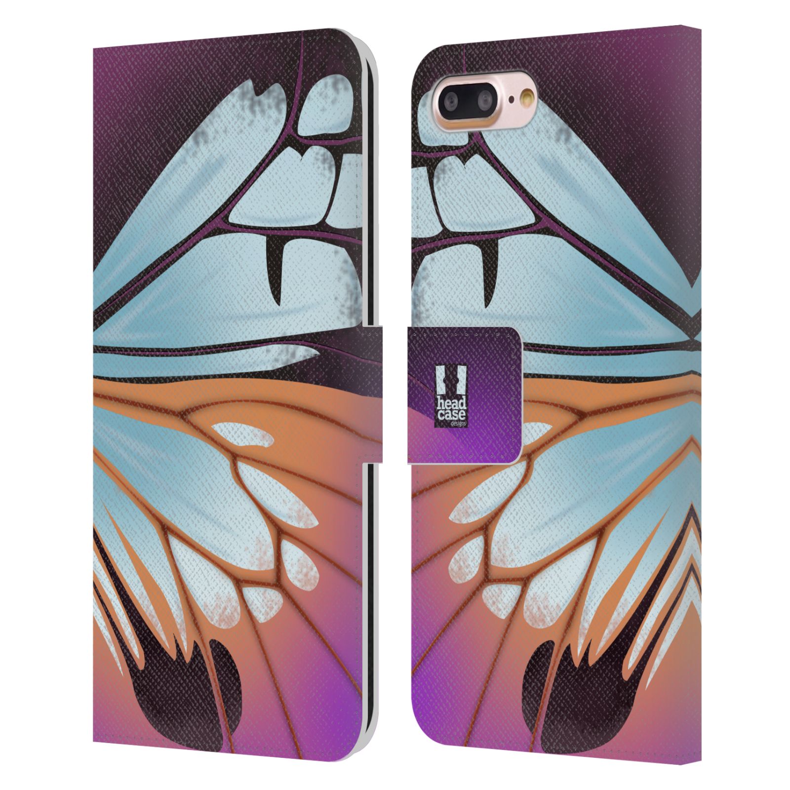 HEAD CASE Flipové pouzdro pro mobil Apple Iphone 7 PLUS / 8 PLUS motýl a křídla kreslený vzor fialová a modrá