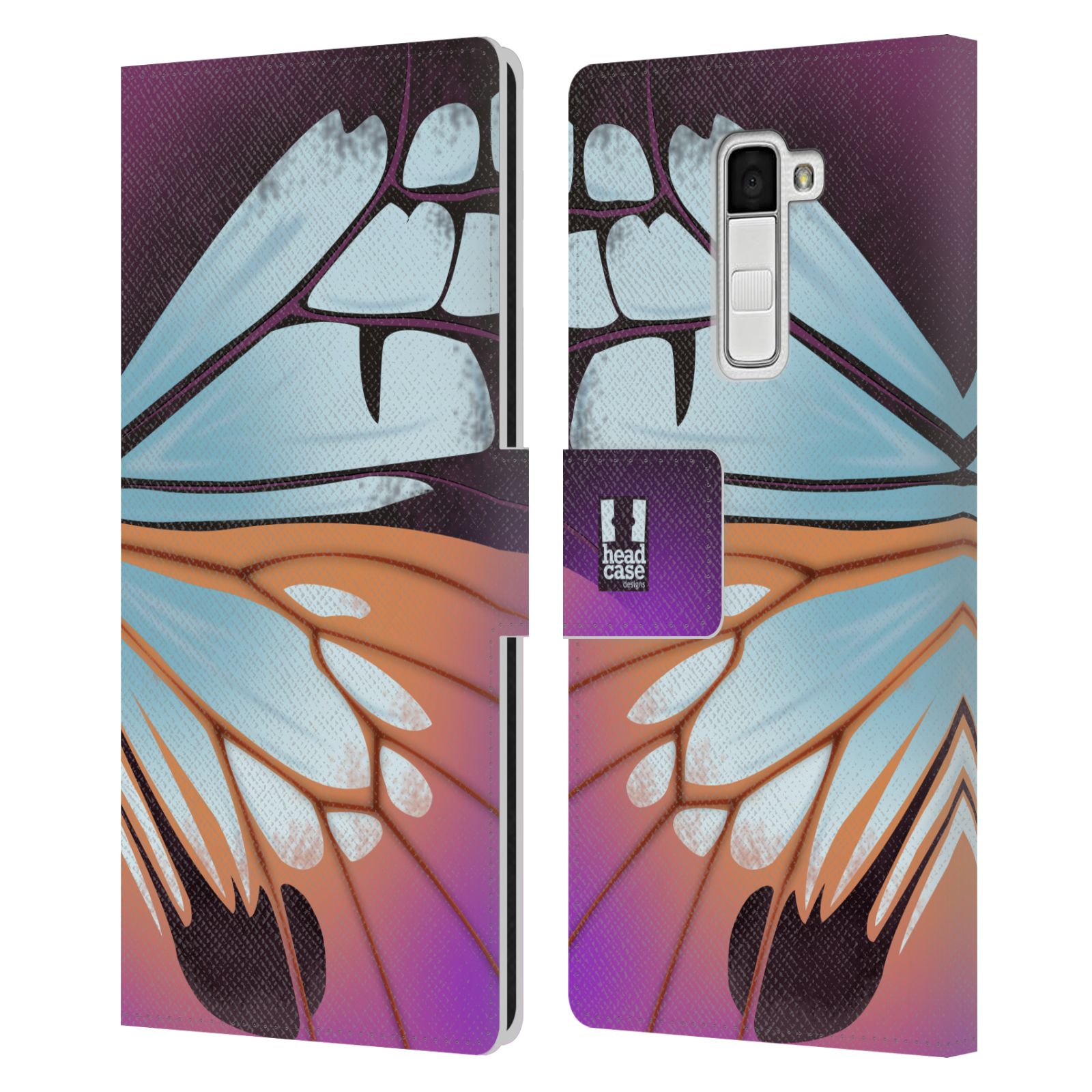 HEAD CASE Flipové pouzdro pro mobil LG K10 motýl a křídla kreslený vzor fialová a modrá