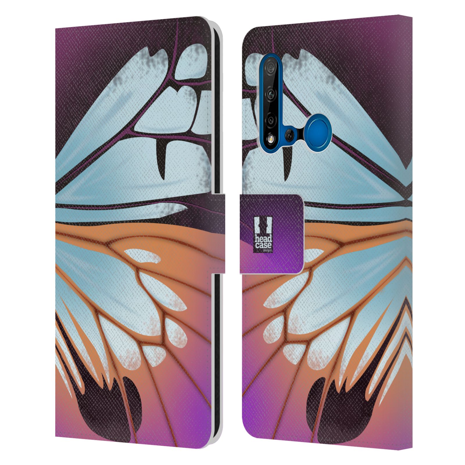 Pouzdro na mobil Huawei P20 LITE 2019 motýl a křídla kreslený vzor fialová a modrá