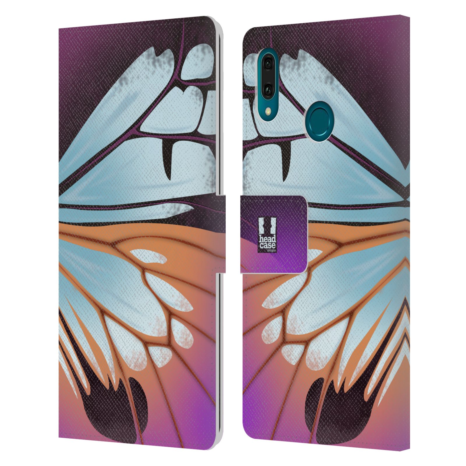 Pouzdro na mobil Huawei Y9 2019 motýl a křídla kreslený vzor fialová a modrá