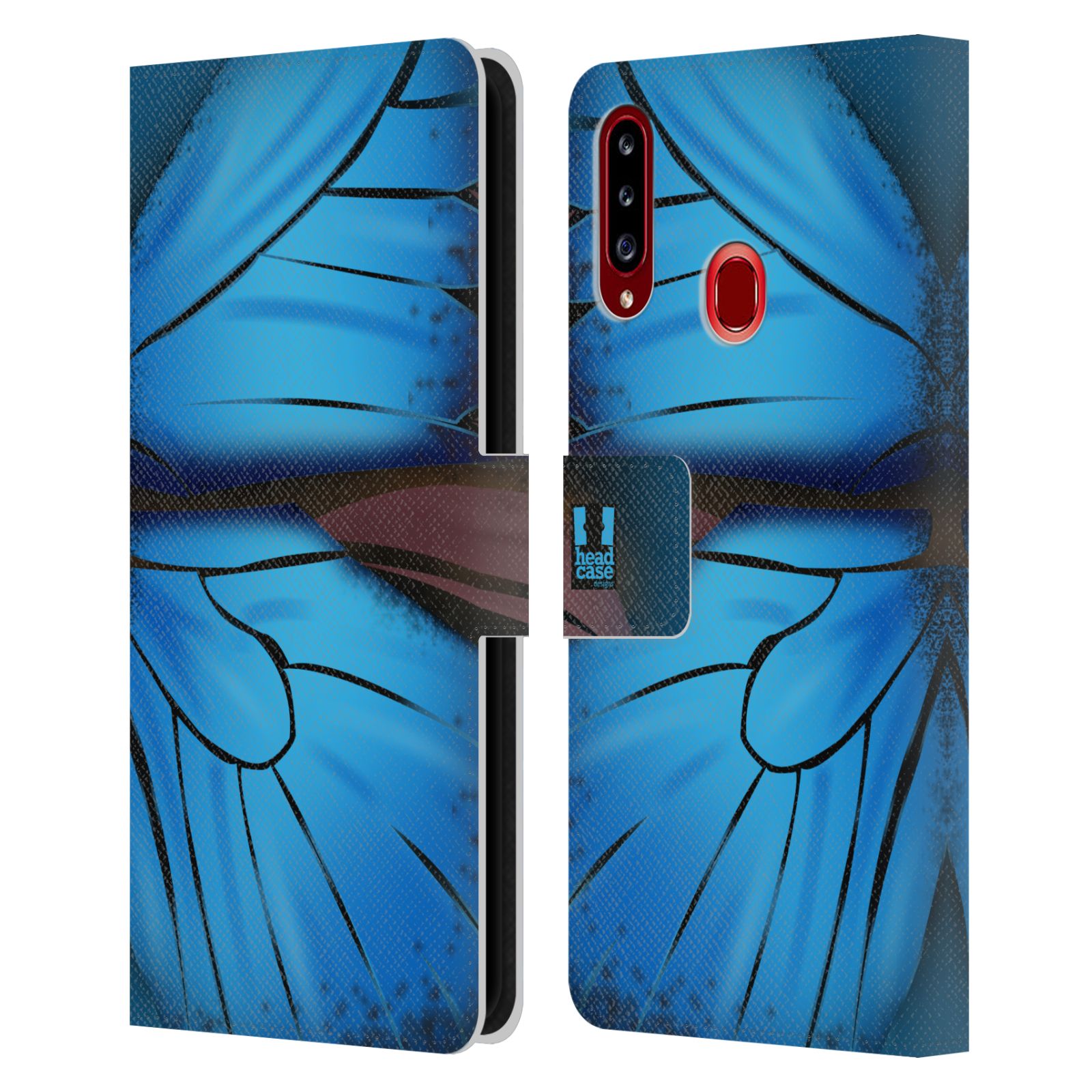 HEAD CASE Flipové pouzdro pro mobil Samsung Galaxy A20s motýl a křídla kreslený vzor modrá barva