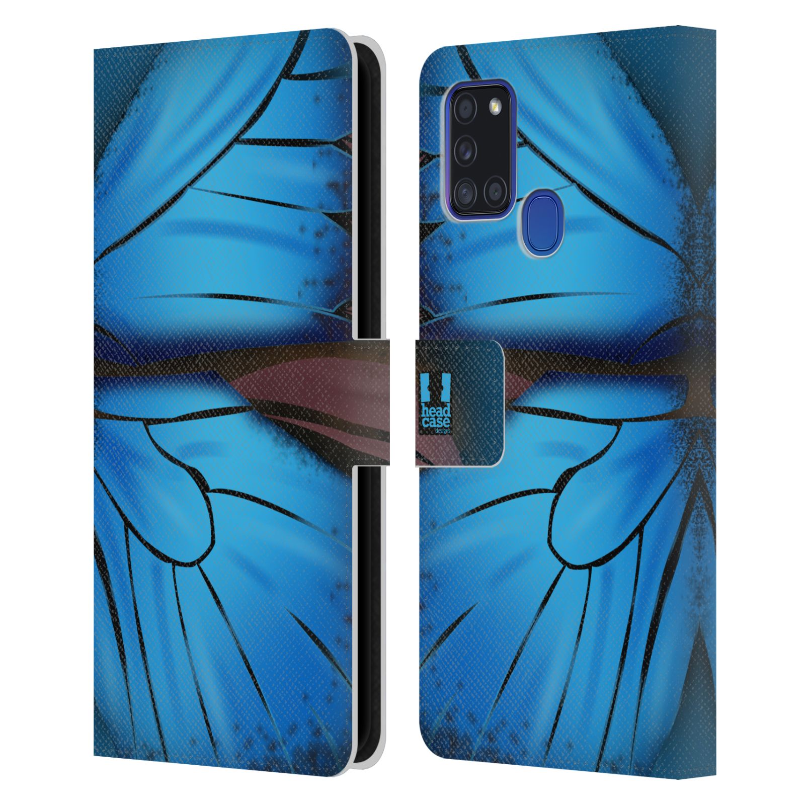 HEAD CASE Flipové pouzdro pro mobil Samsung Galaxy A21s motýl a křídla kreslený vzor modrá barva
