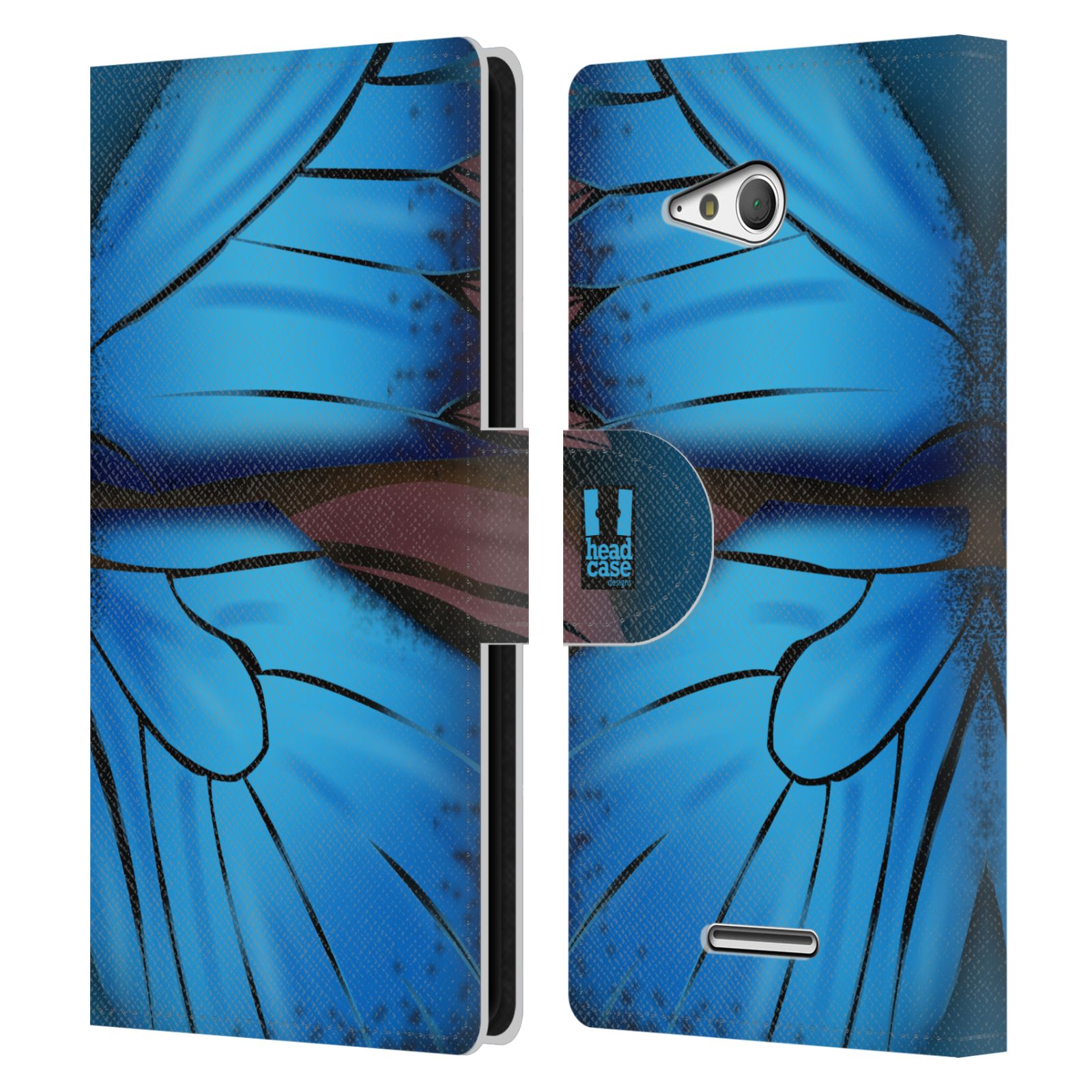 HEAD CASE Flipové pouzdro pro mobil SONY XPERIA E4g motýl a křídla kreslený vzor modrá barva