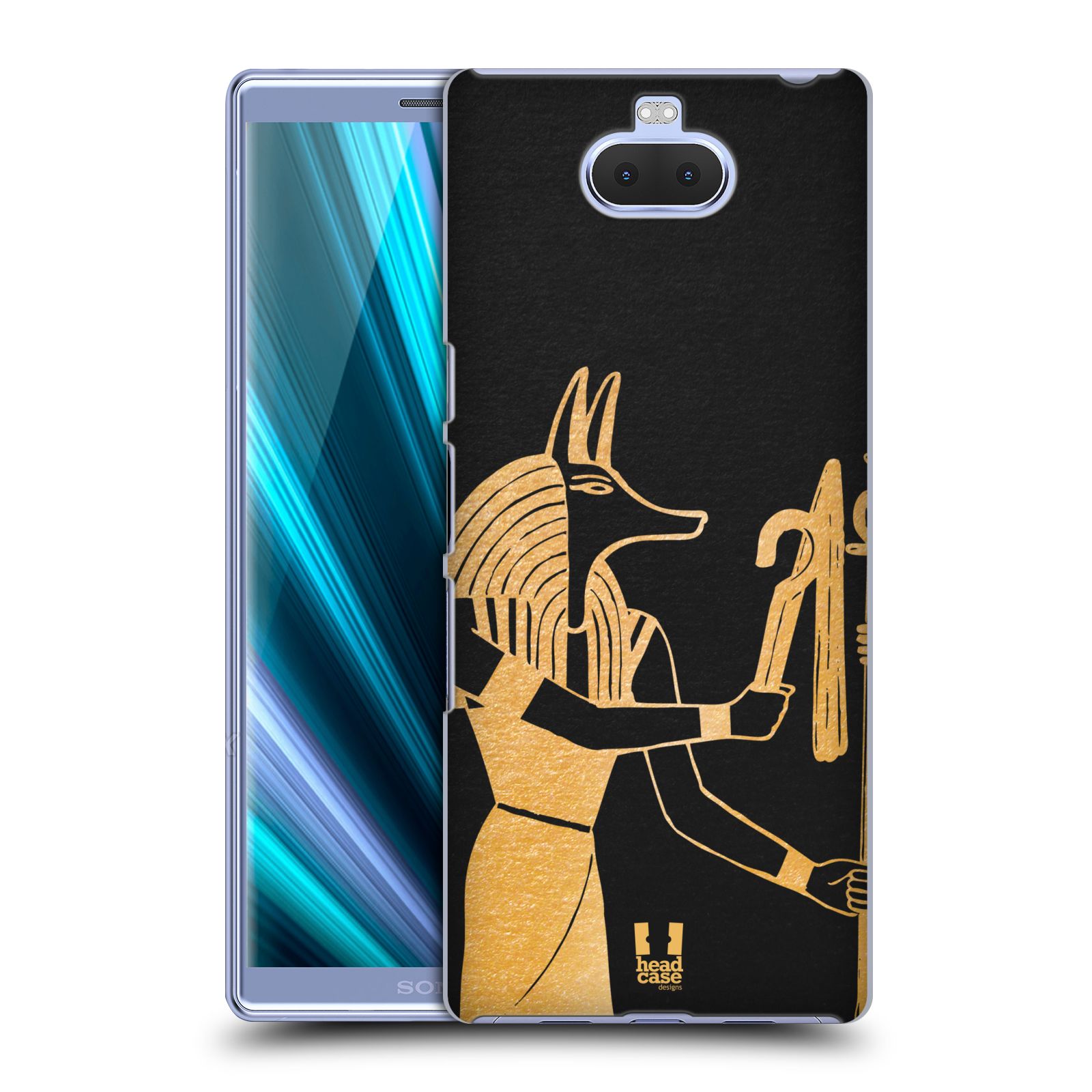 Pouzdro na mobil Sony Xperia 10 - Head Case - vzor EGYPT zlatá a černá Anubis
