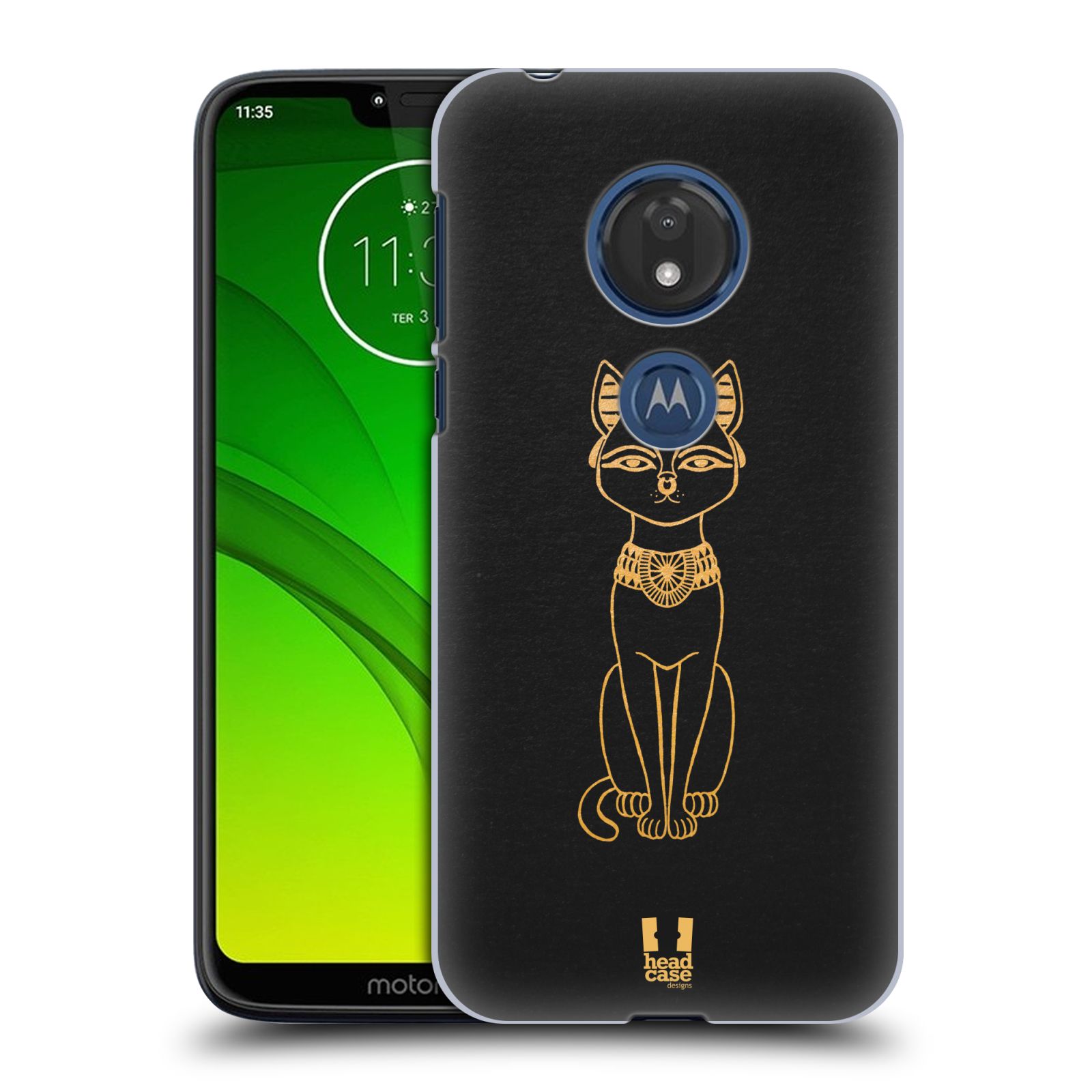 Pouzdro na mobil Motorola Moto G7 Play vzor EGYPT zlatá a černá KOČKA