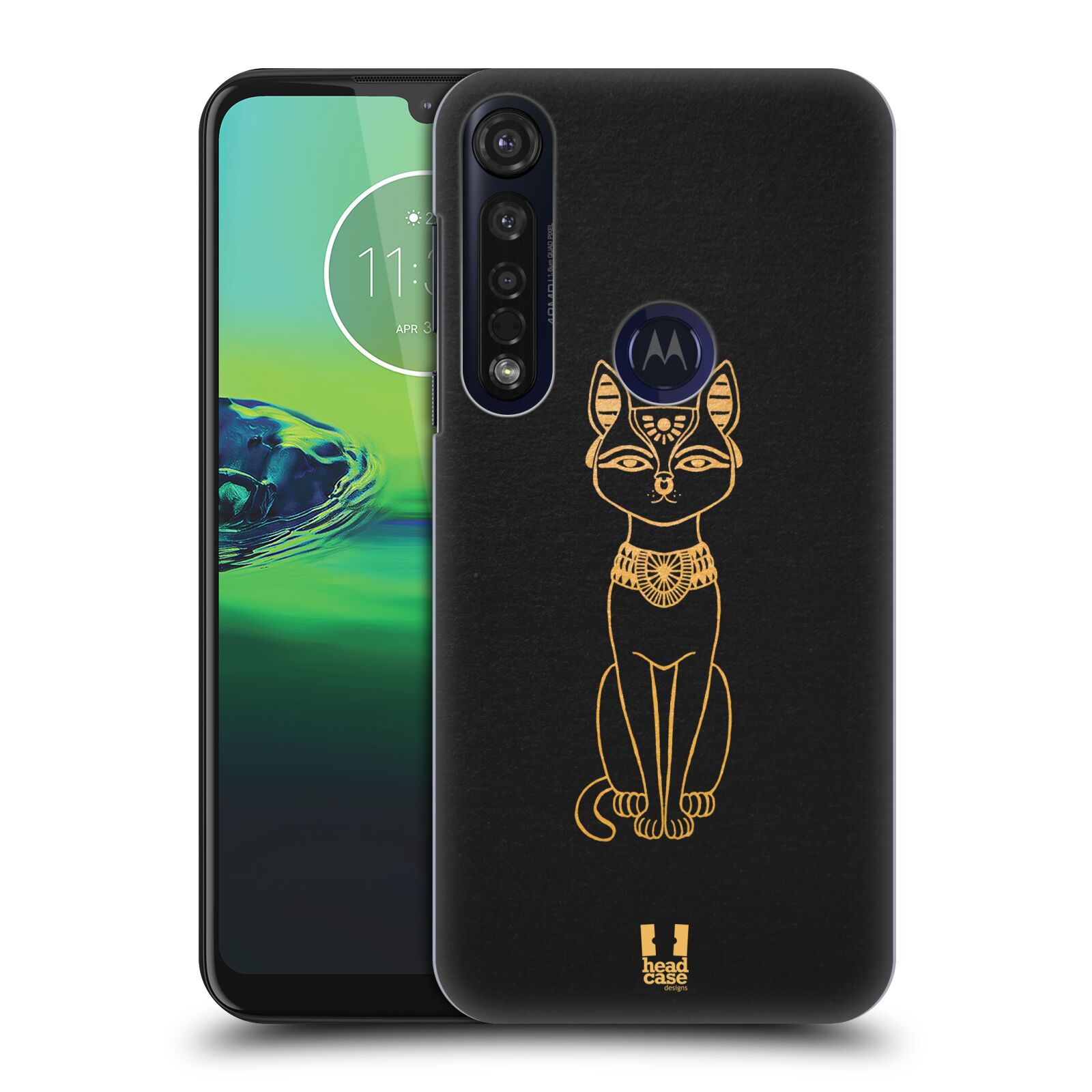 Pouzdro na mobil Motorola Moto G8 PLUS - HEAD CASE - vzor EGYPT zlatá a černá KOČKA