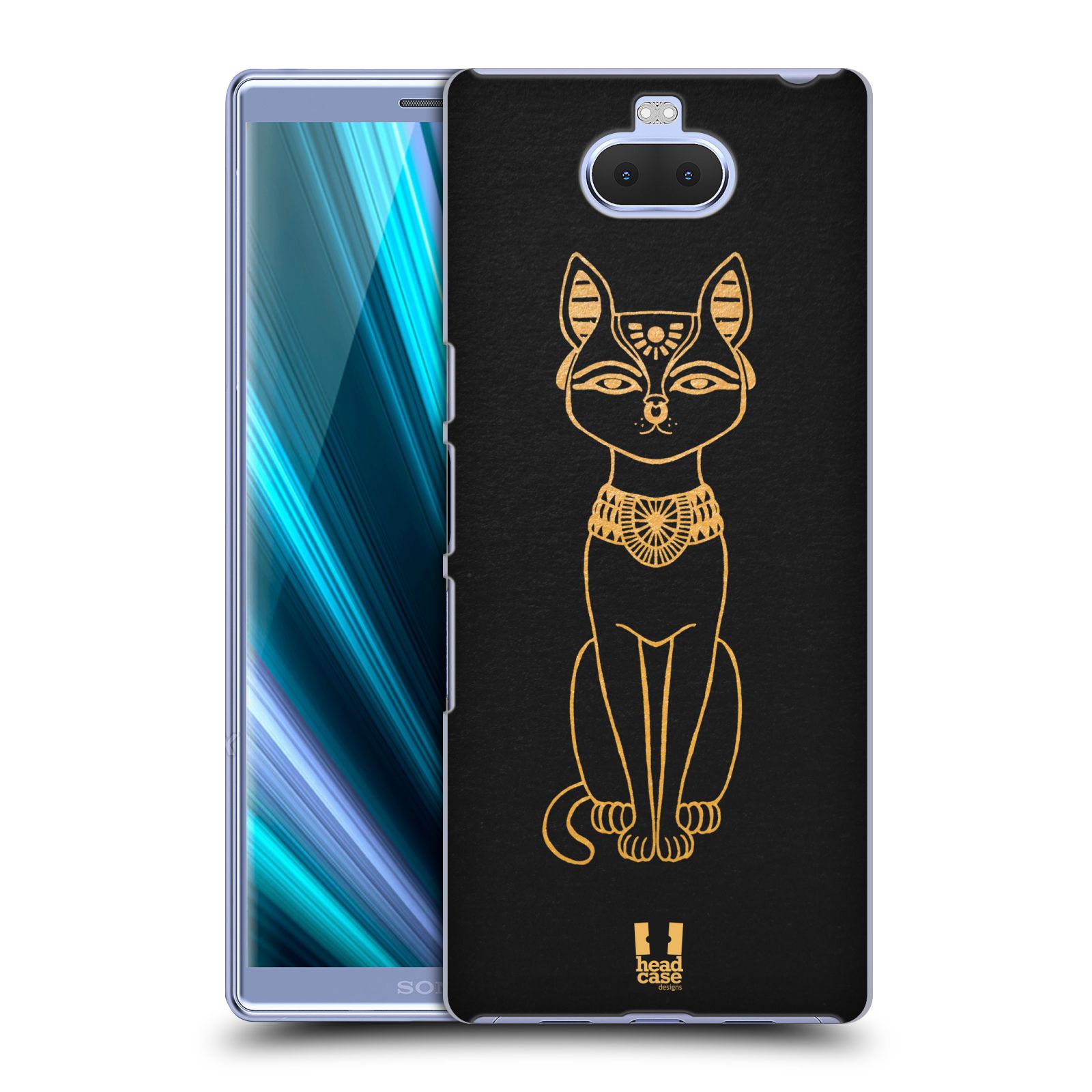 Pouzdro na mobil Sony Xperia 10 - Head Case - vzor EGYPT zlatá a černá KOČKA