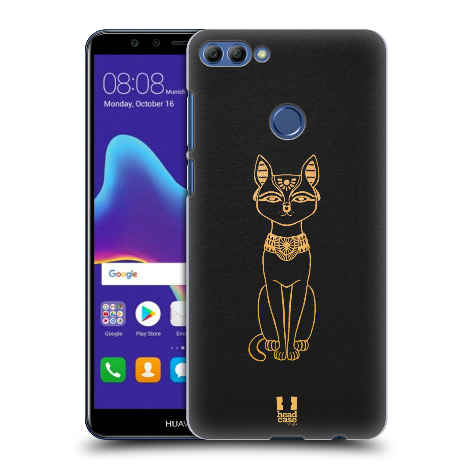 HEAD CASE plastový obal na mobil Huawei Y9 2018 vzor EGYPT zlatá a černá KOČKA