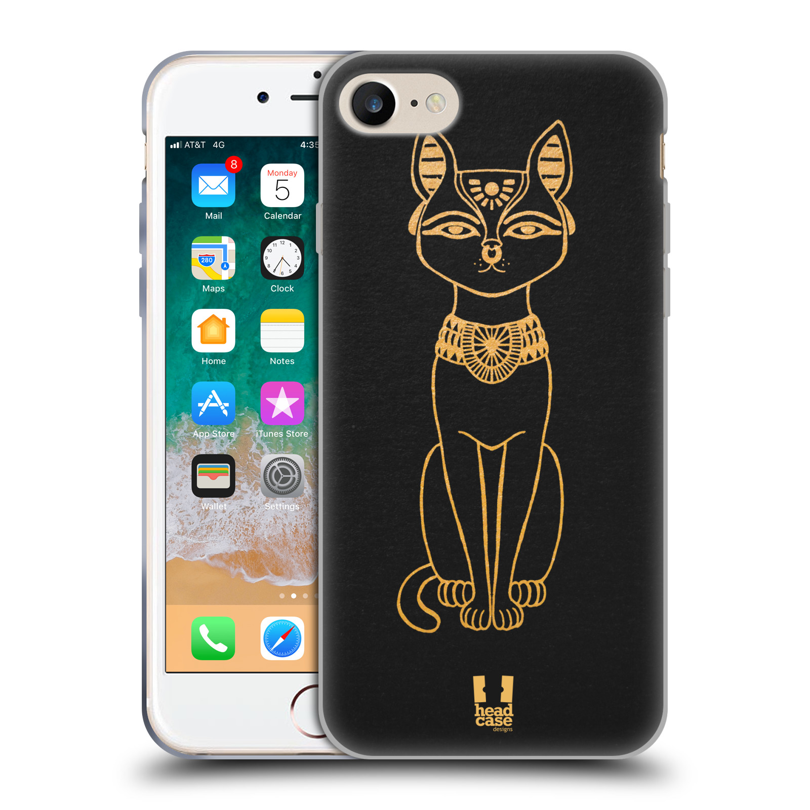 HEAD CASE silikonový obal na mobil Apple Iphone 7 vzor EGYPT zlatá a černá KOČKA