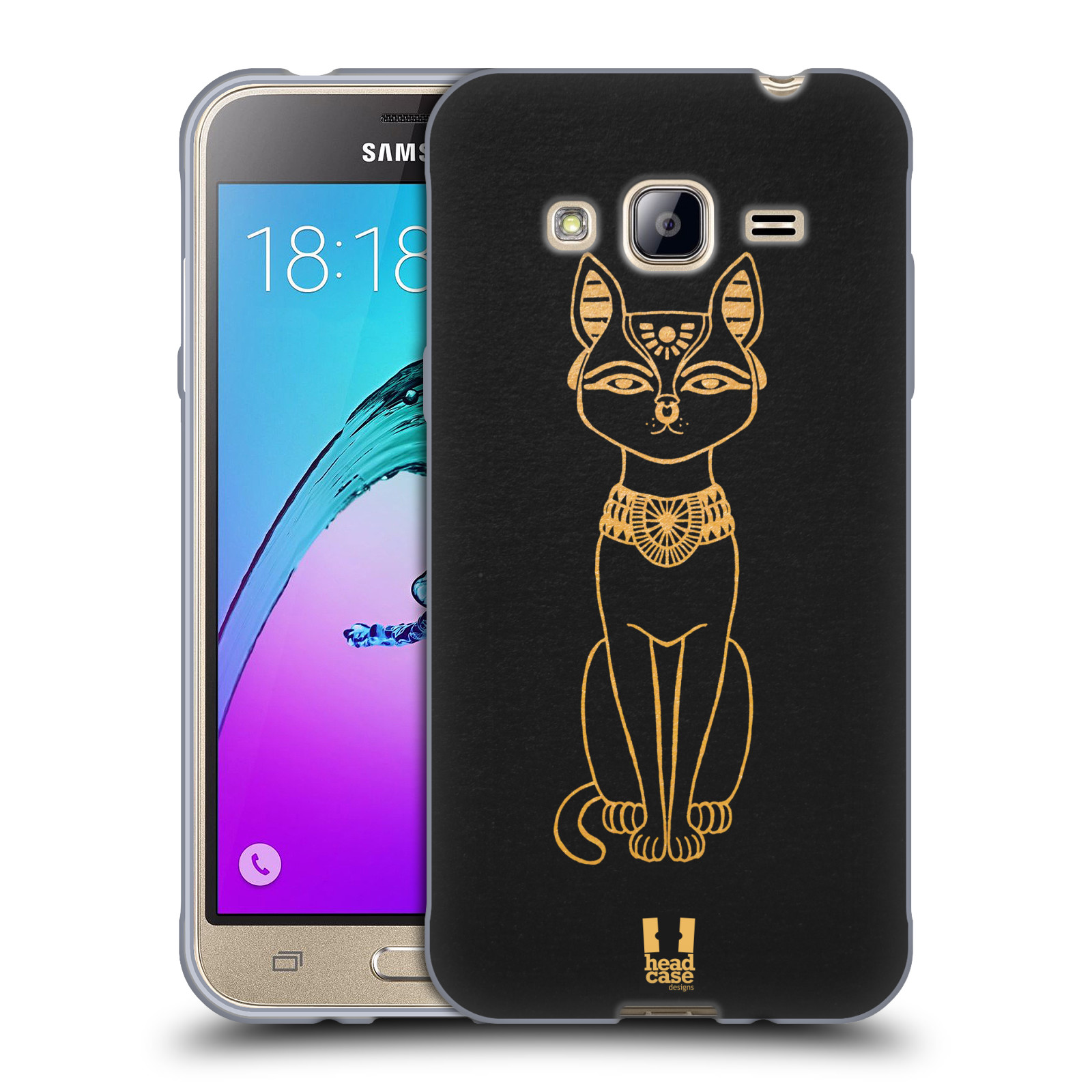 HEAD CASE silikonový obal na mobil Samsung Galaxy J3, J3 2016 vzor EGYPT zlatá a černá KOČKA