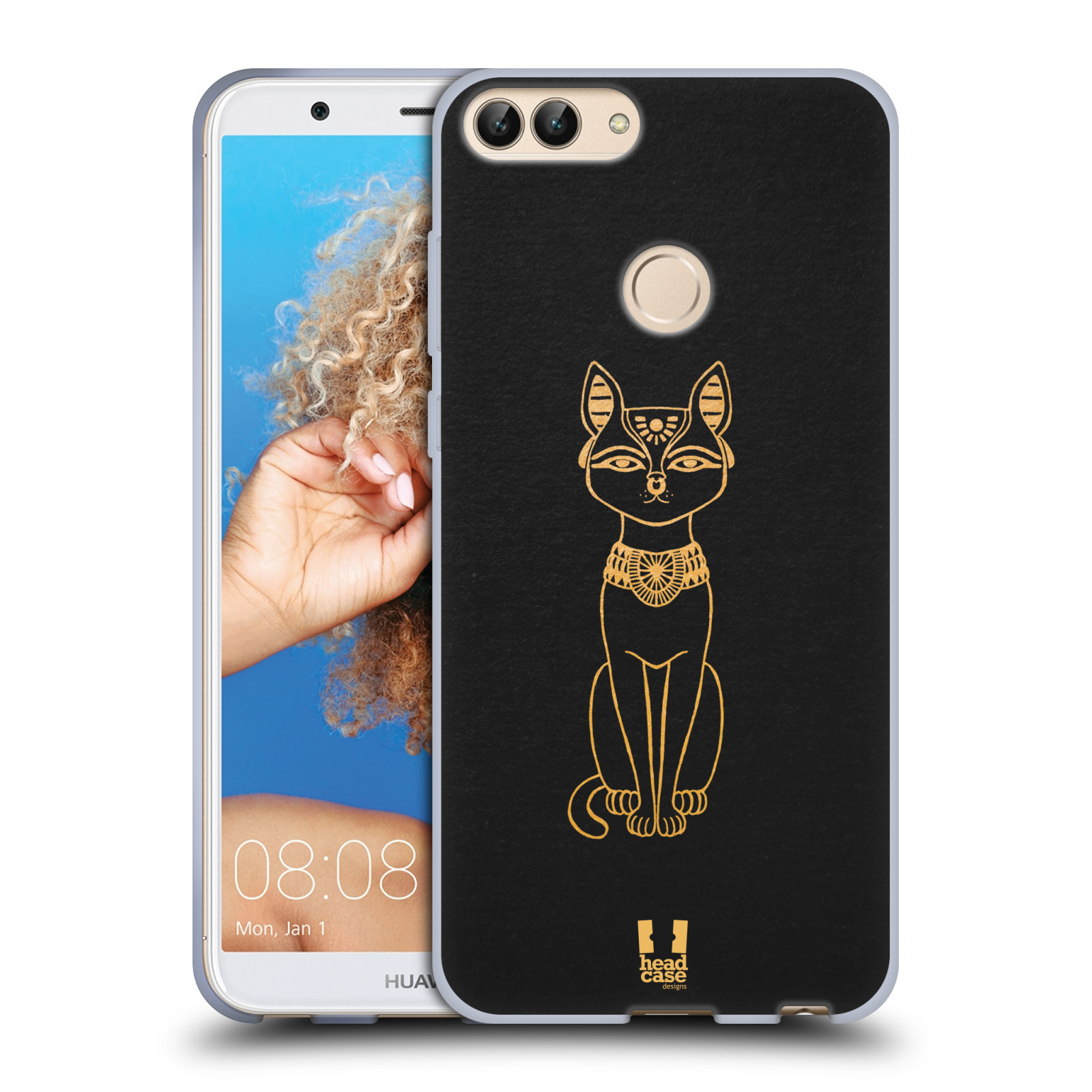 HEAD CASE silikon obal na mobil Huawei P SMART vzor EGYPT zlatá a černá KOČKA