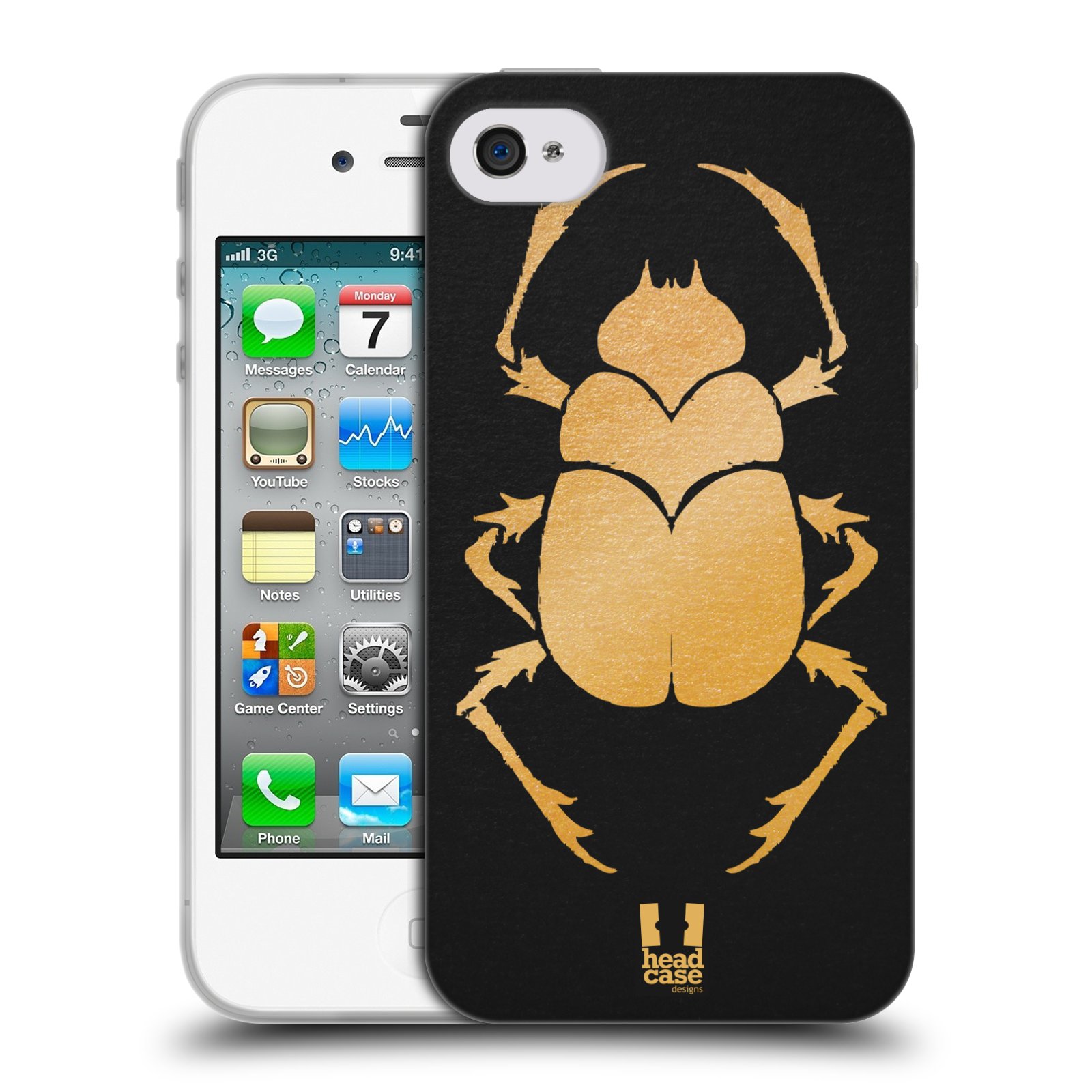HEAD CASE silikonový obal na mobil Apple Iphone 4/4S vzor EGYPT zlatá a černá BROUK SKARAB