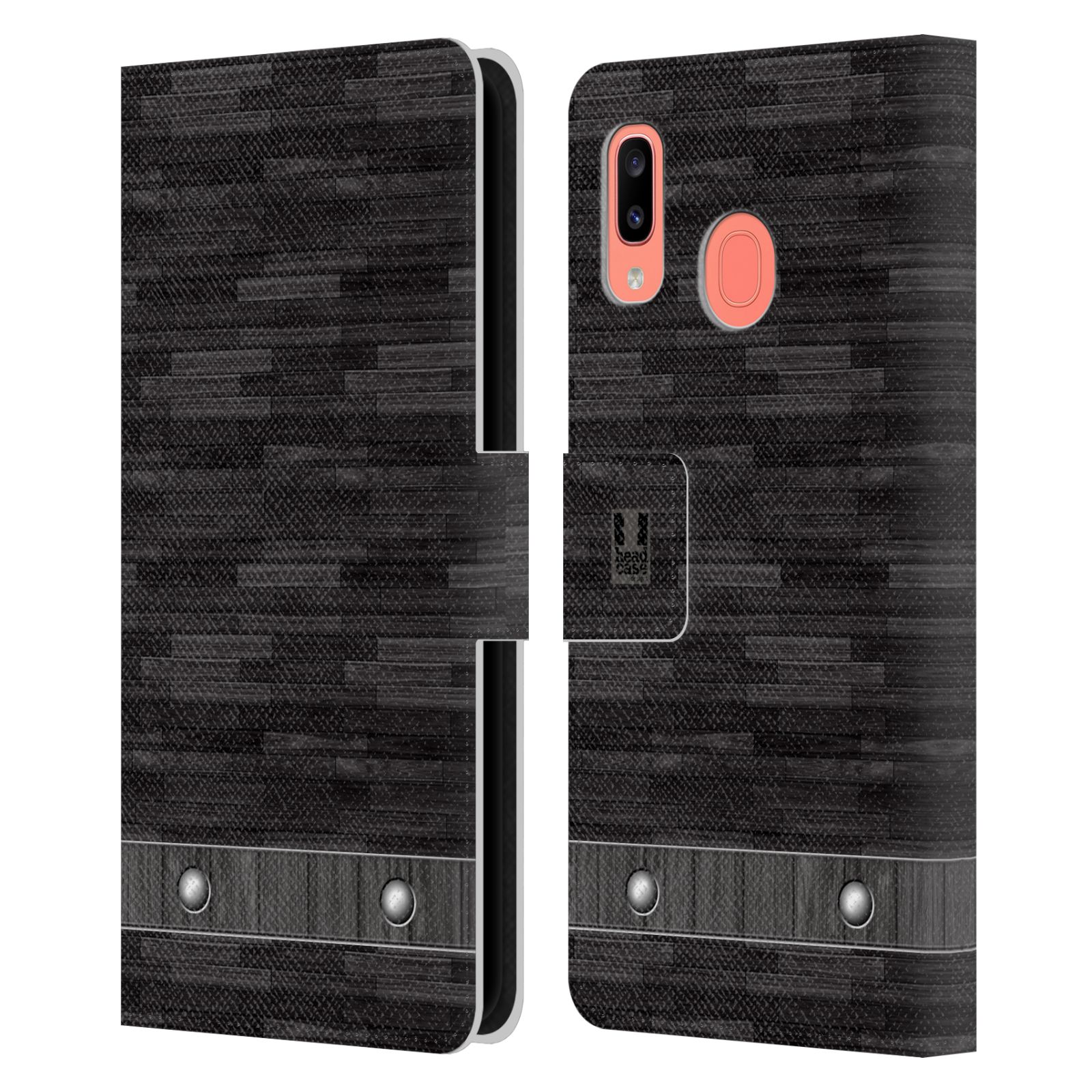 Pouzdro na mobil Samsung Galaxy A20 stavební textury dřevo černá barva