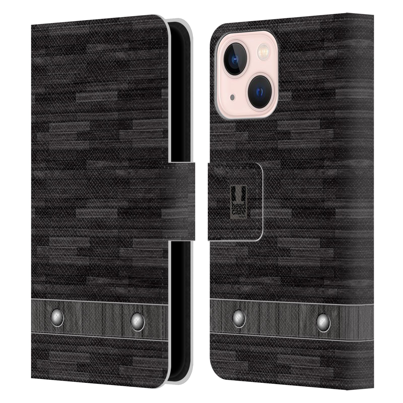 Pouzdro HEAD CASE na mobil Apple Iphone 13 MINI stavební textury dřevo černá barva