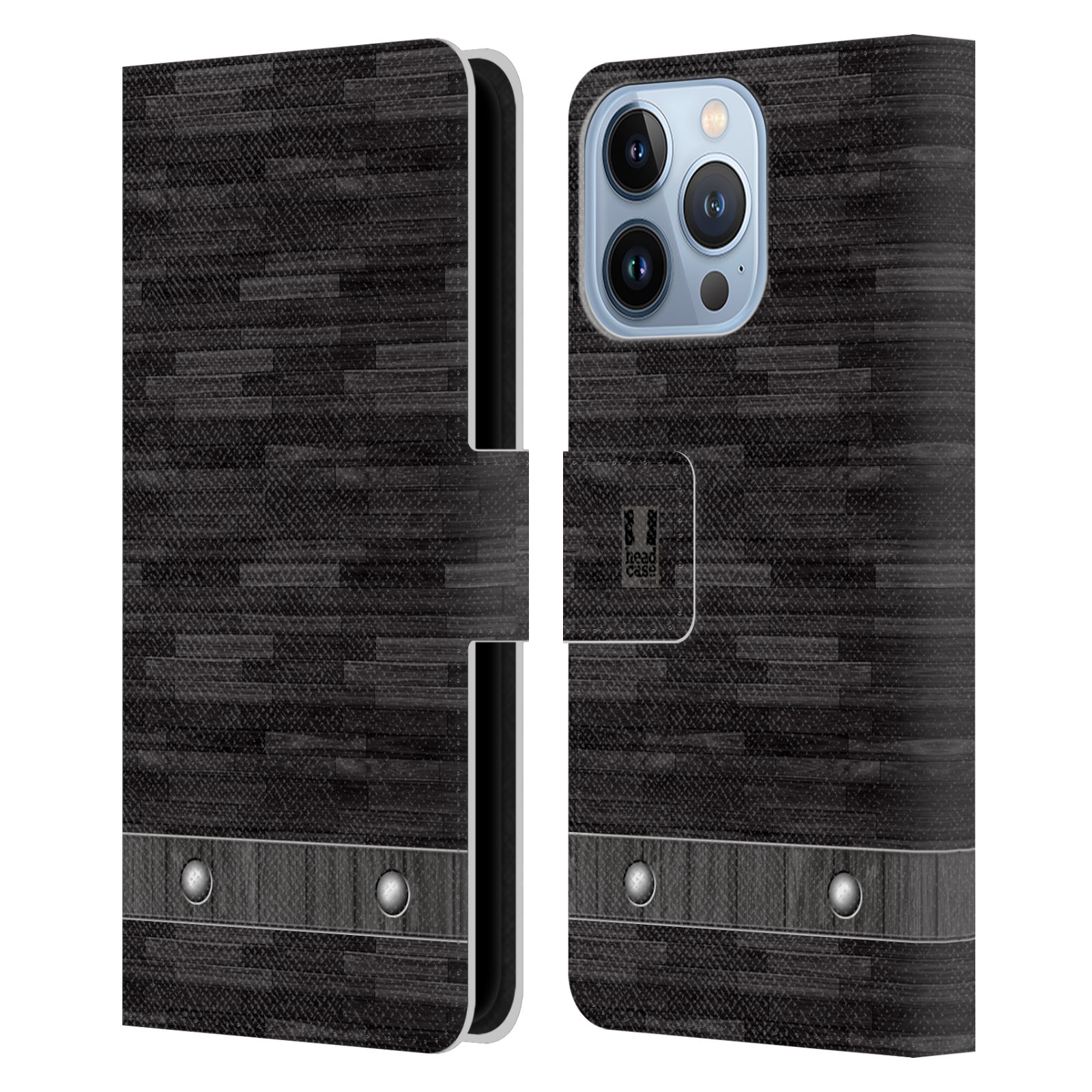 Pouzdro HEAD CASE na mobil Apple Iphone 13 PRO stavební textury dřevo černá barva