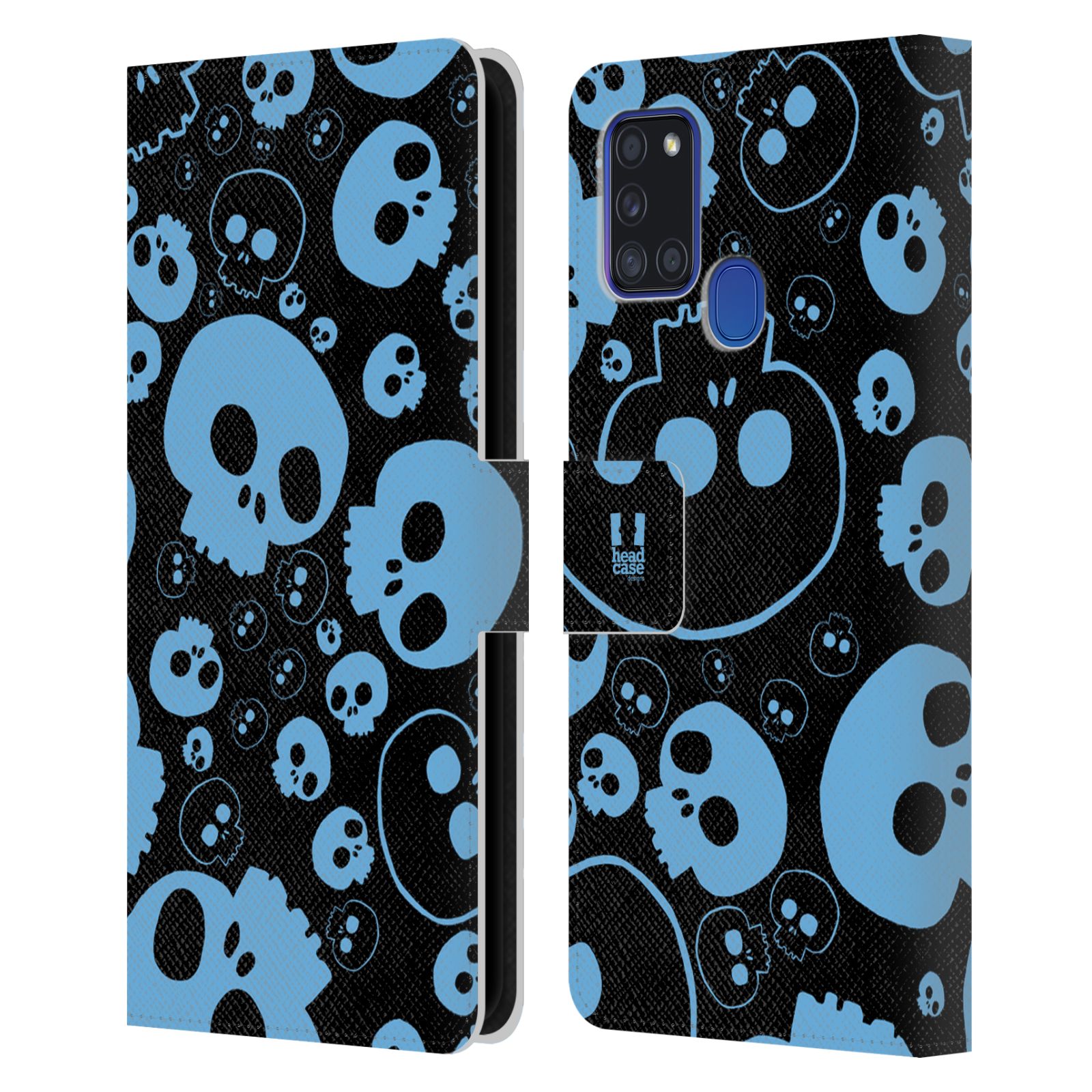 HEAD CASE Flipové pouzdro pro mobil Samsung Galaxy A21s barevné lebky modrá