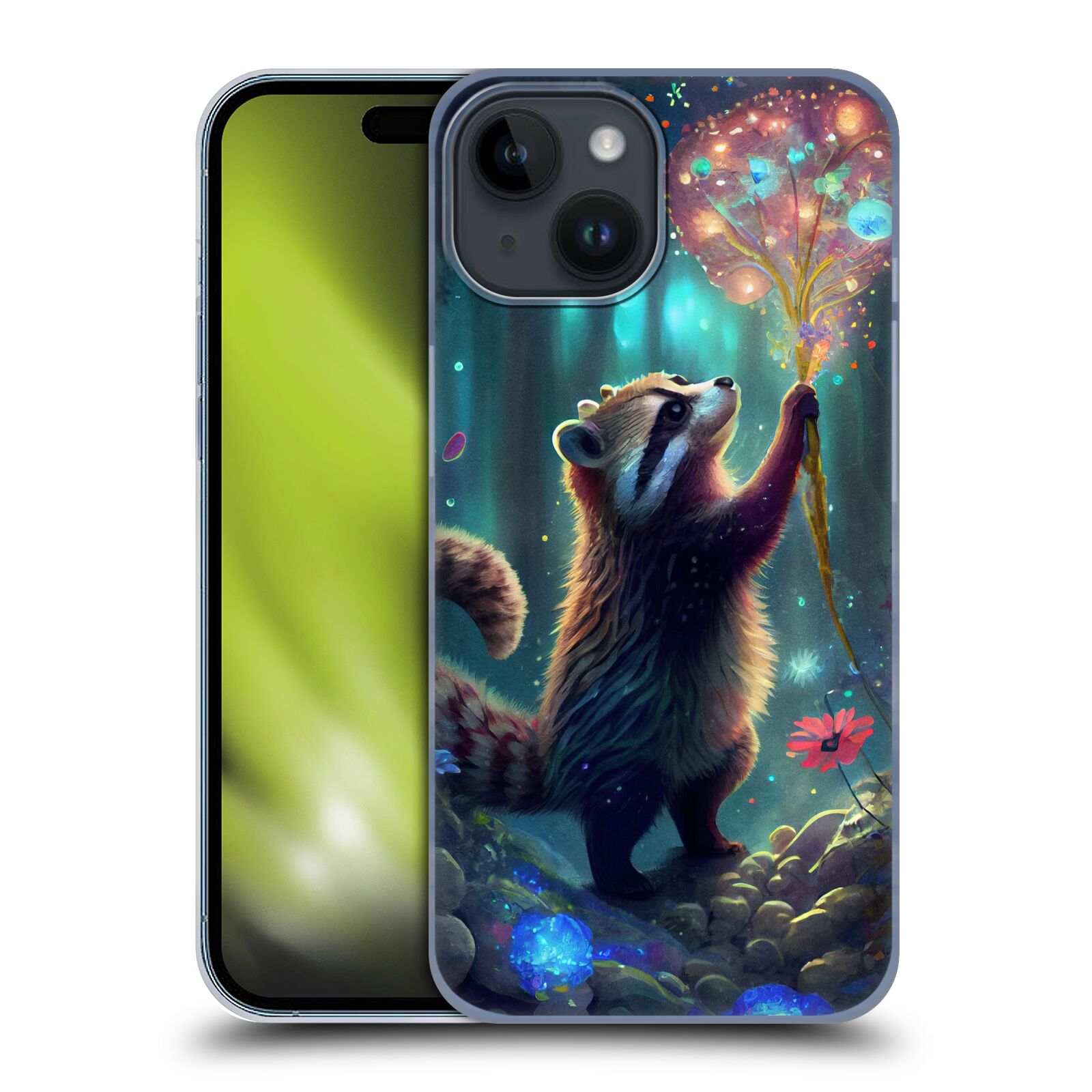 Obal na mobil Apple Iphone 15 - HEAD CASE - JK Stewart medvídek mýval a květiny