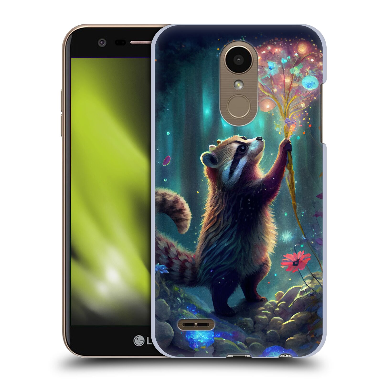 Obal na mobil LG K10 2018 - HEAD CASE - JK Stewart medvídek mýval a květiny