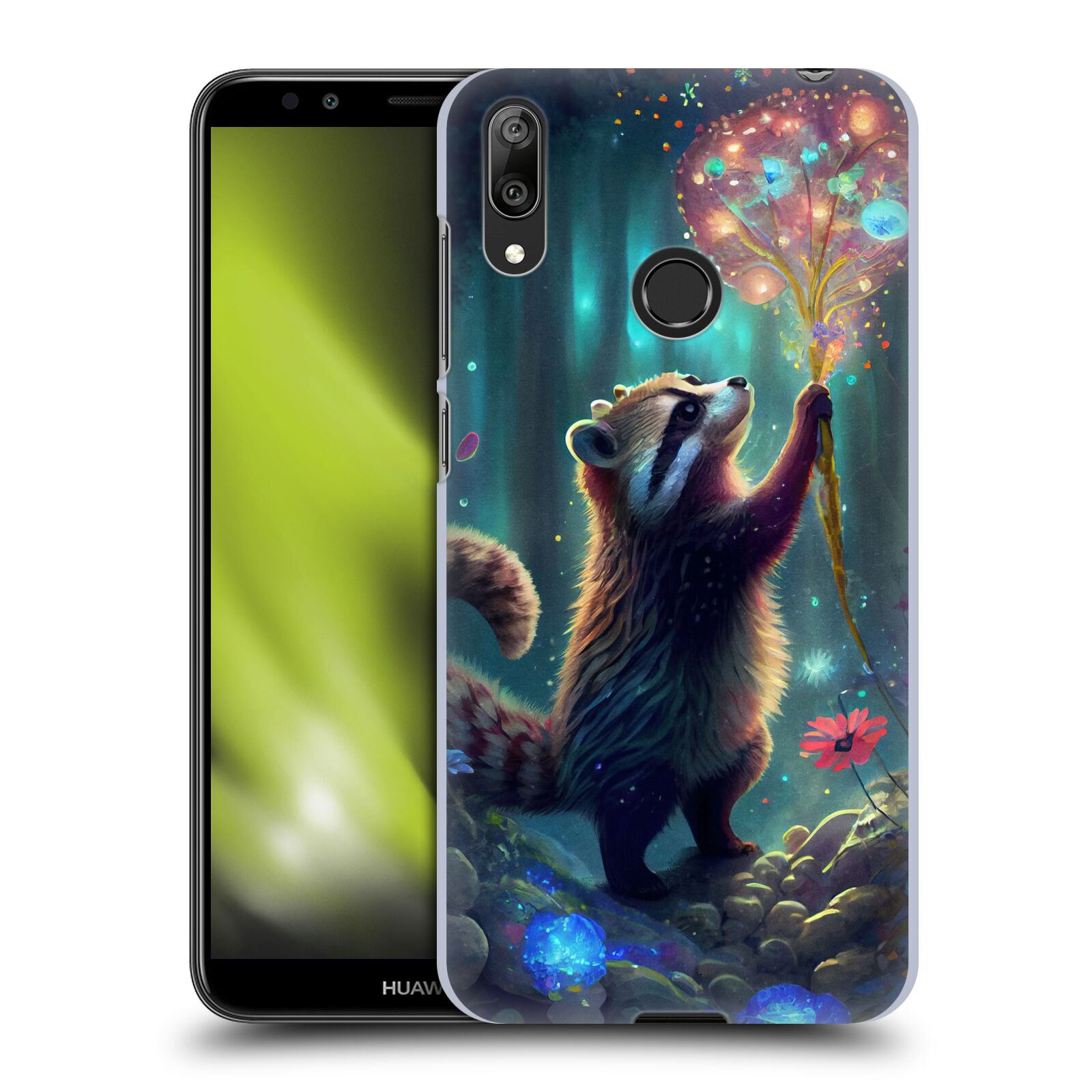 Obal na mobil Huawei Y7 2019 - HEAD CASE - JK Stewart medvídek mýval a květiny