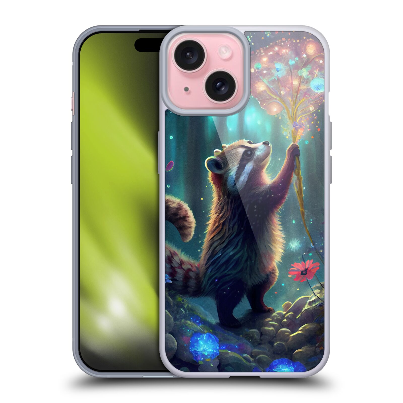 Obal na mobil Apple Iphone 15 - HEAD CASE - JK Stewart medvídek mýval a květiny