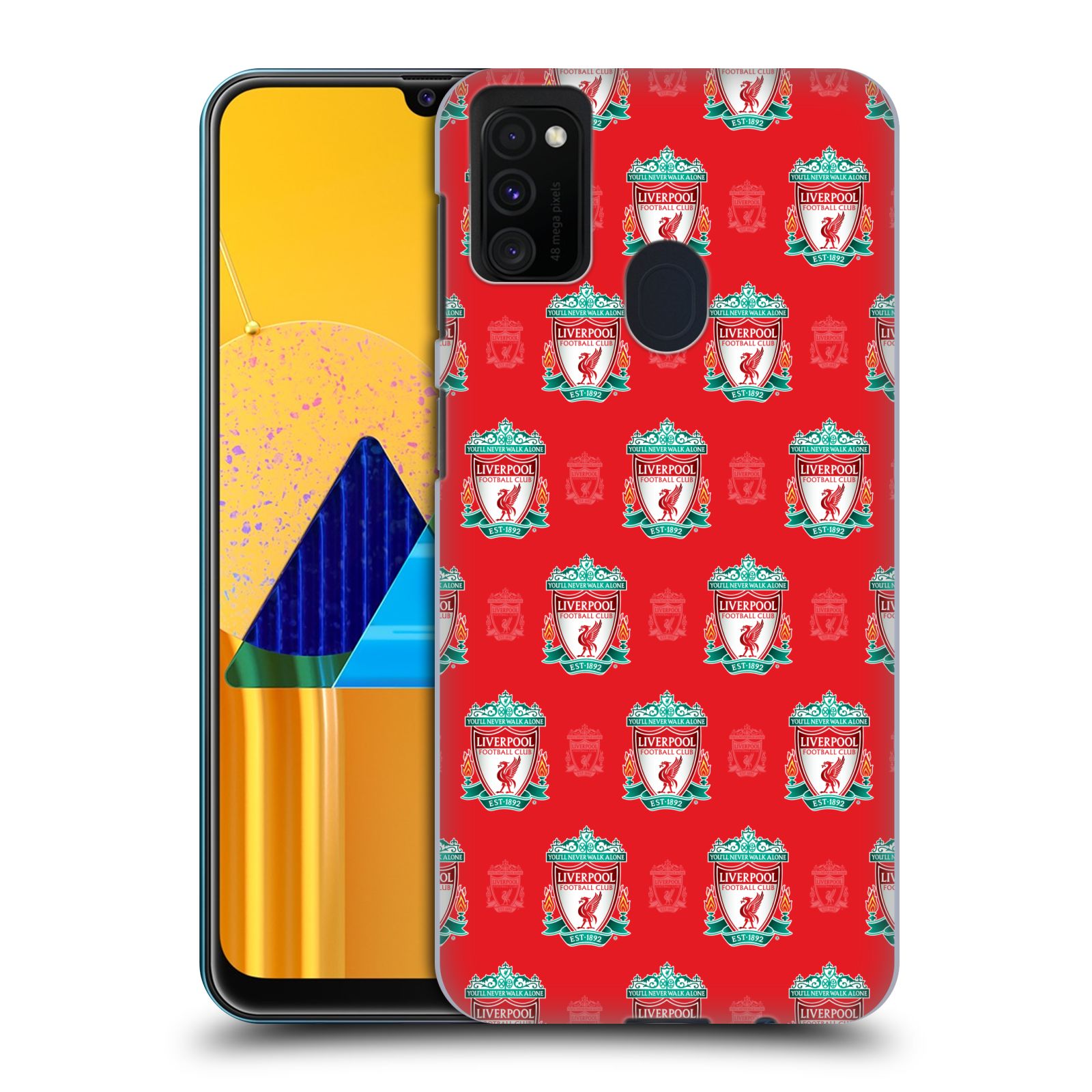 Zadní kryt na mobil Samsung Galaxy M21 Fotbalový klub Liverpool znak malý vzorkovaný červené pozadí