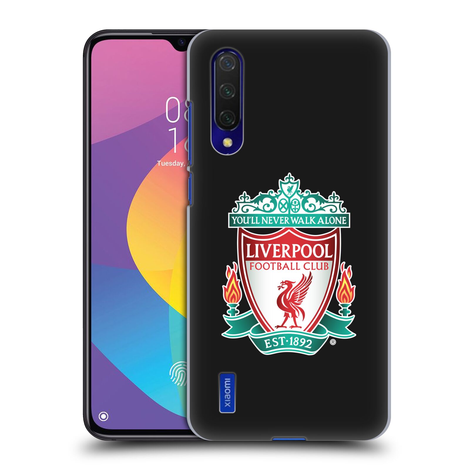 Zadní kryt na mobil Xiaomi MI 9 LITE Fotbalový klub Liverpool barevný znak černé pozadí