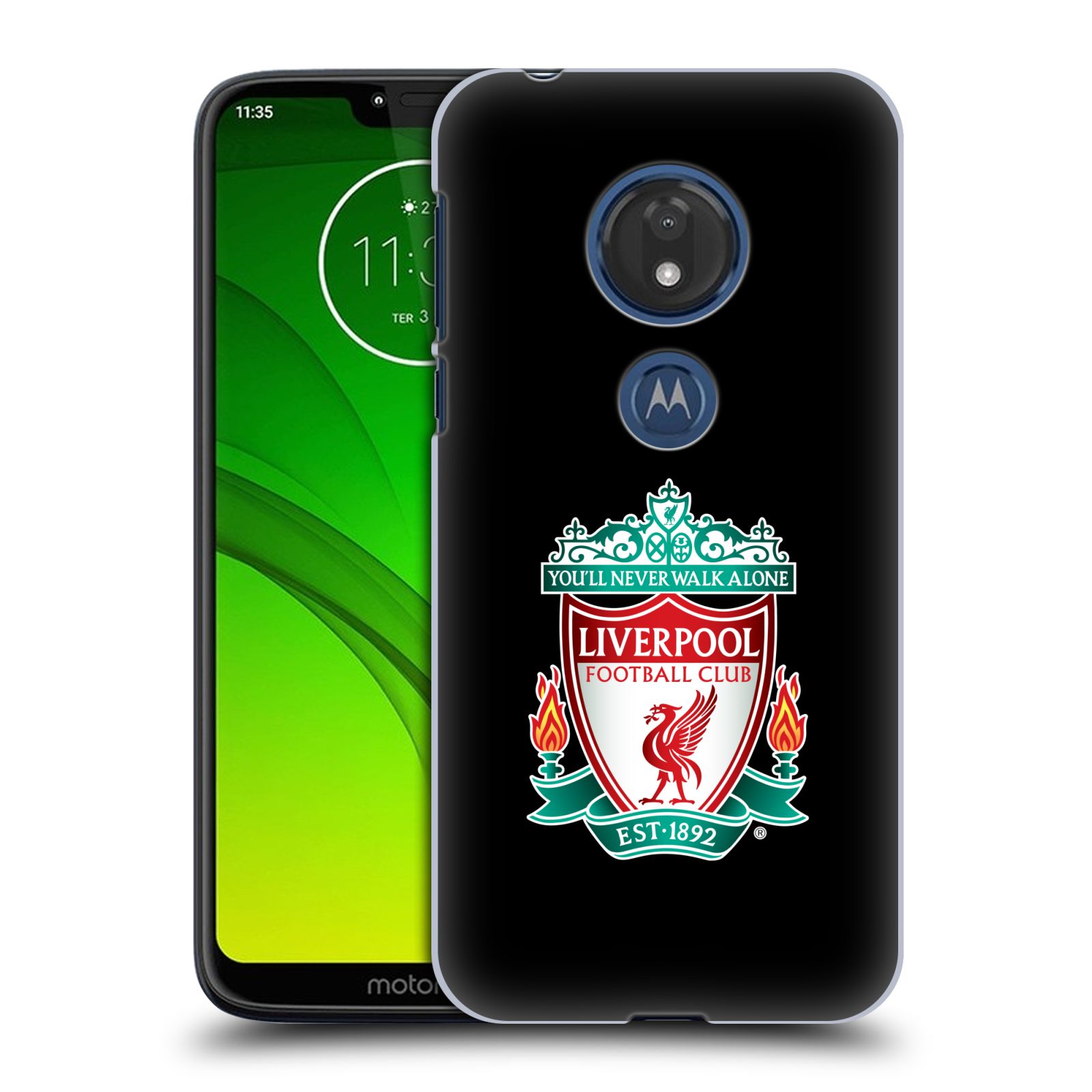 Pouzdro na mobil Motorola Moto G7 Play Fotbalový klub Liverpool barevný znak černé pozadí