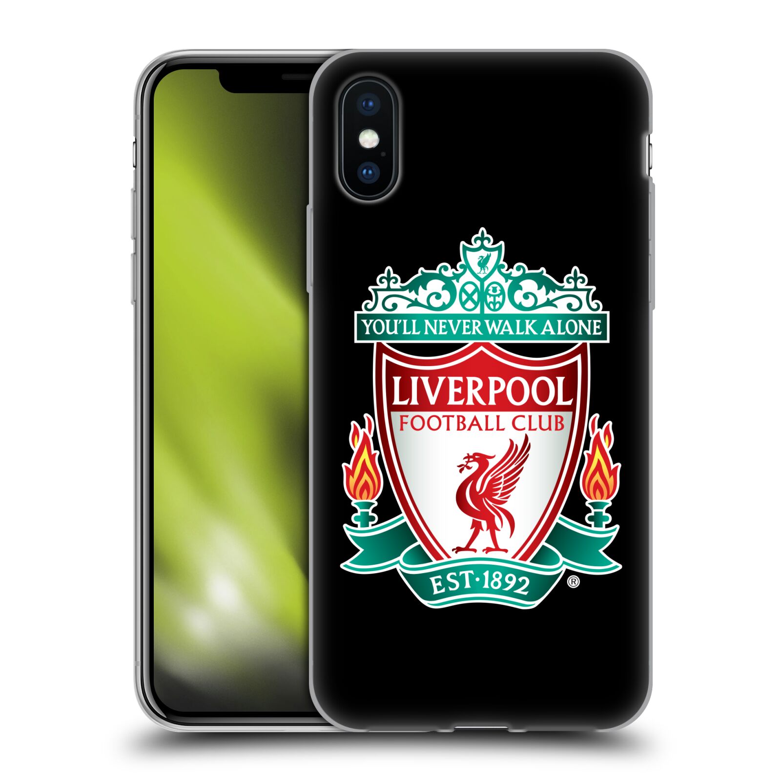 HEAD CASE silikonový obal na mobil Apple Iphone X Fotbalový klub Liverpool barevný znak černé pozadí