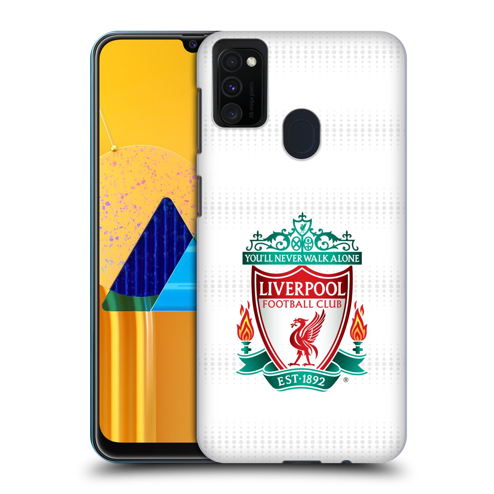 Zadní kryt na mobil Samsung Galaxy M21 Fotbalový klub Liverpool barevný znak bílé pozadí s tečkami