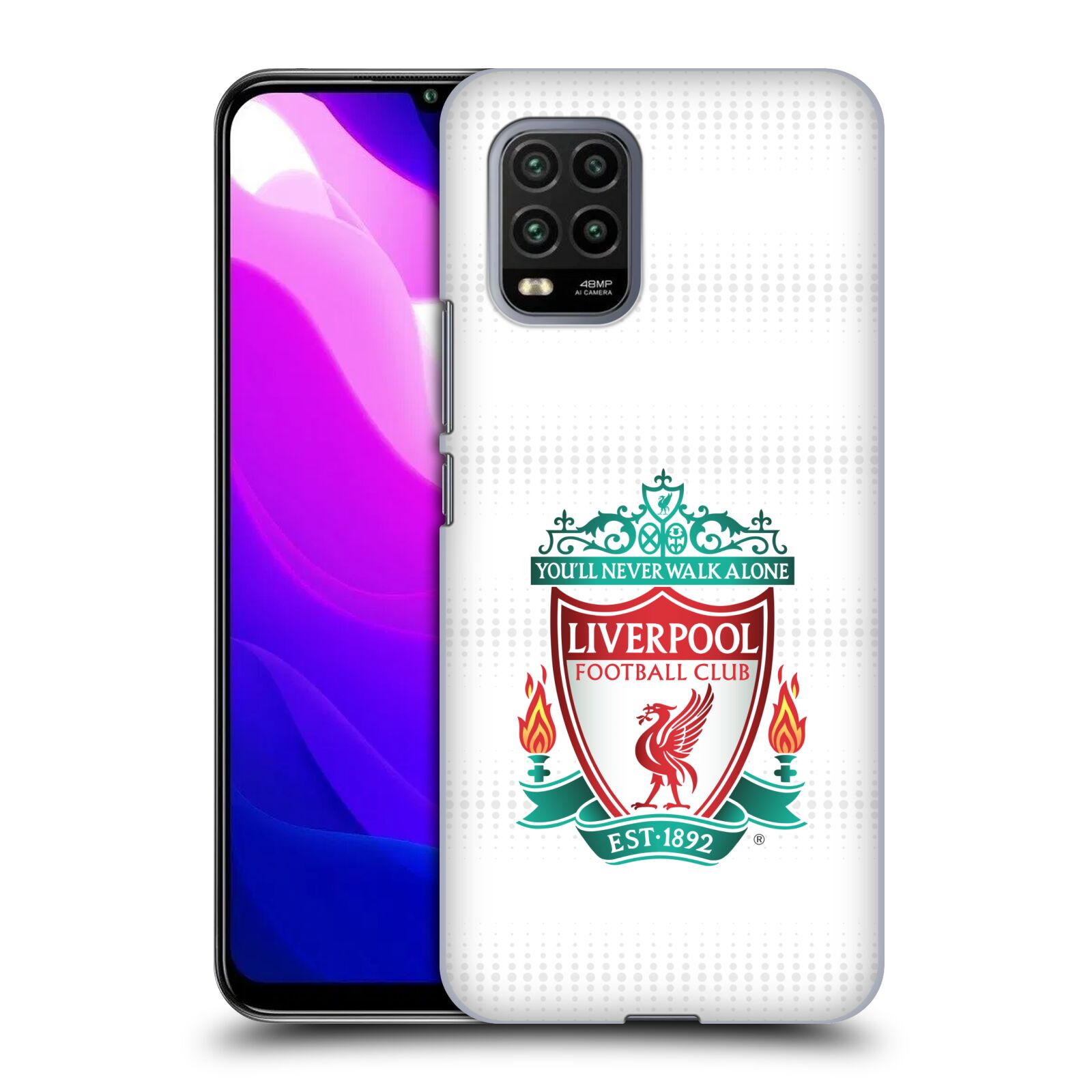 Zadní kryt, obal na mobil Xiaomi Mi 10 LITE Fotbalový klub Liverpool barevný znak bílé pozadí s tečkami