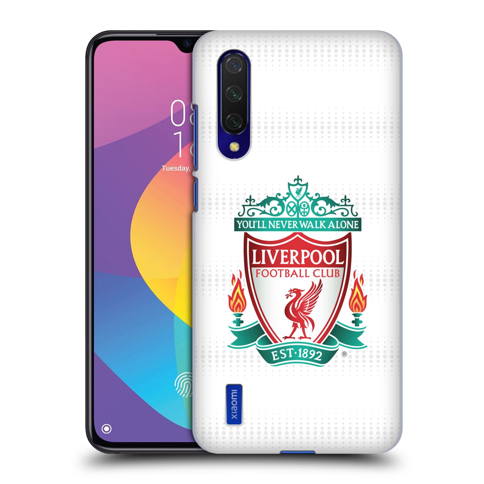 Zadní kryt na mobil Xiaomi MI 9 LITE Fotbalový klub Liverpool barevný znak bílé pozadí s tečkami