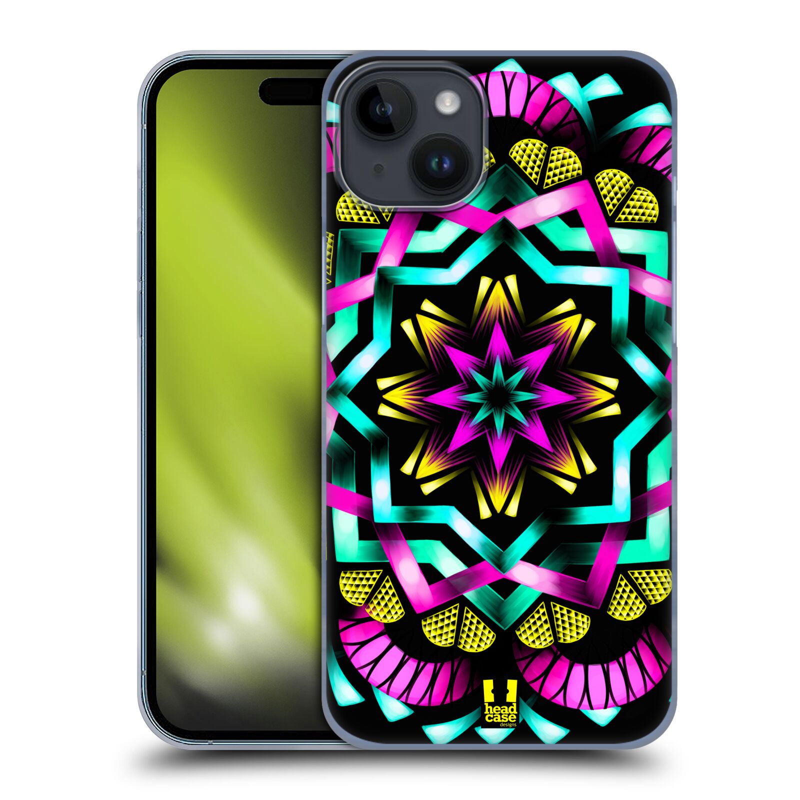 Plastový obal HEAD CASE na mobil Apple Iphone 15 PLUS vzor Indie Mandala kaleidoskop barevný vzor SLUNCE