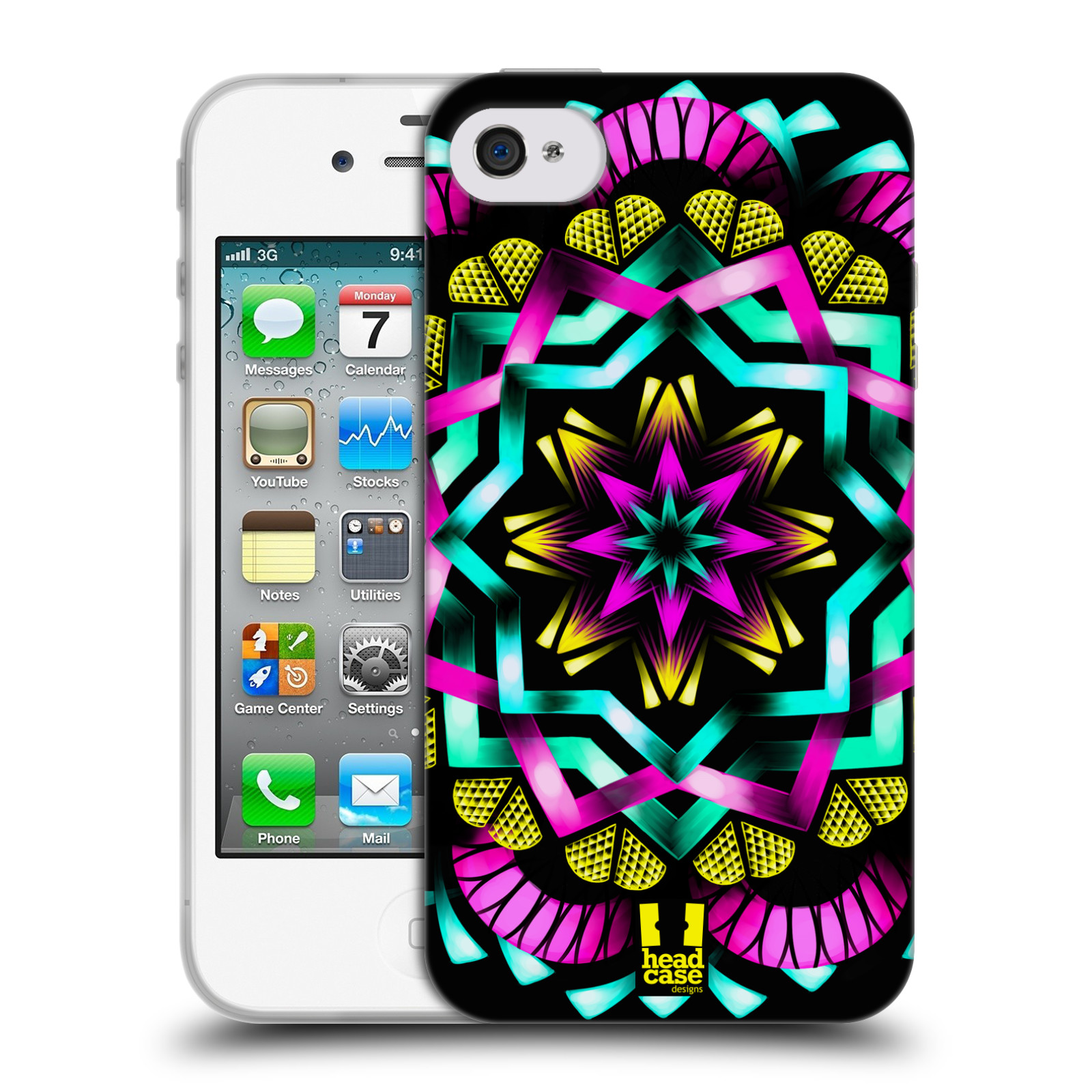 HEAD CASE silikonový obal na mobil Apple Iphone 4/4S vzor Indie Mandala kaleidoskop barevný vzor SLUNCE