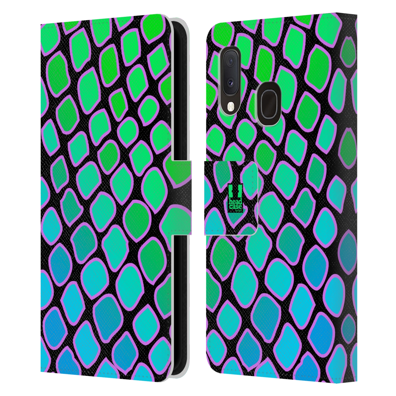 Pouzdro na mobil Samsung Galaxy A20e Zvířecí barevné vzory vodní had modrá a zelená barva AQUA