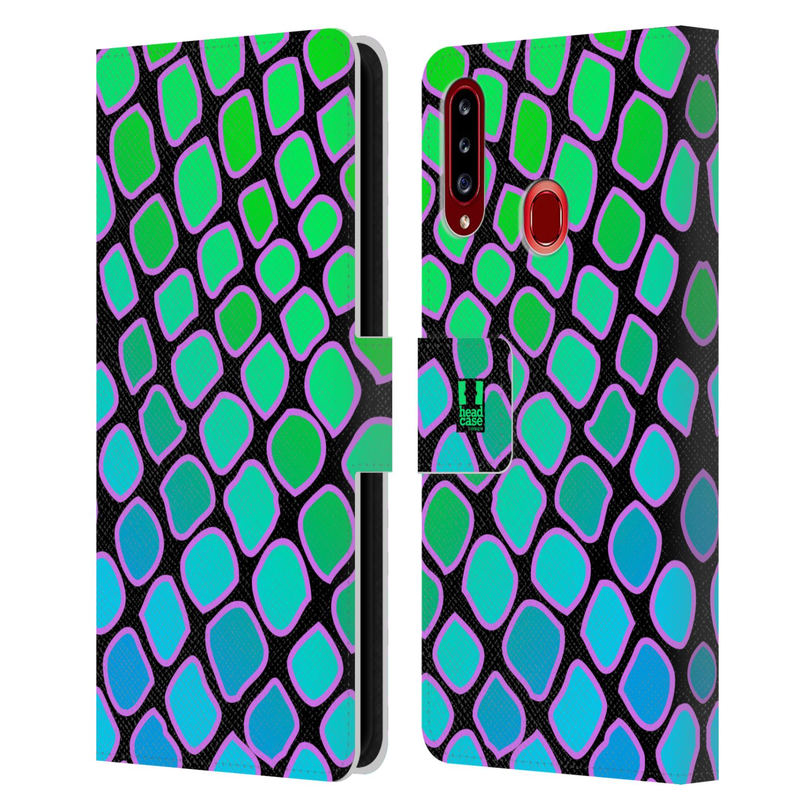 HEAD CASE Flipové pouzdro pro mobil Samsung Galaxy A20s Zvířecí barevné vzory vodní had modrá a zelená barva AQUA