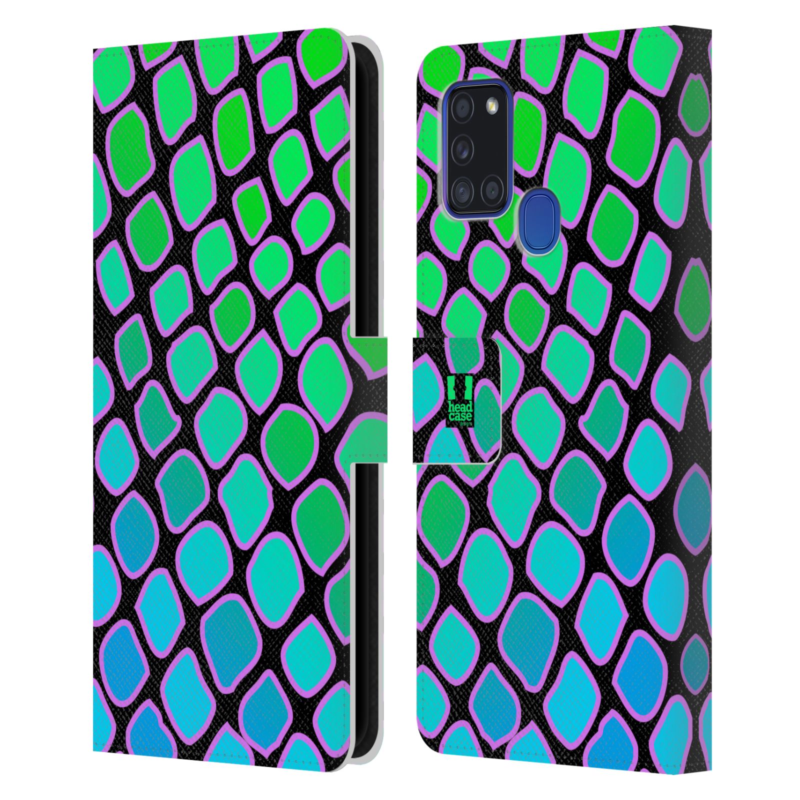 HEAD CASE Flipové pouzdro pro mobil Samsung Galaxy A21s Zvířecí barevné vzory vodní had modrá a zelená barva AQUA