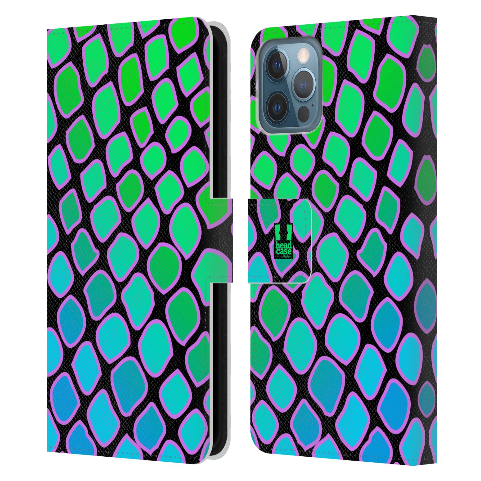 HEAD CASE Flipové pouzdro pro mobil Apple Iphone 12 / Iphone 12 PRO Zvířecí barevné vzory vodní had modrá a zelená barva AQUA