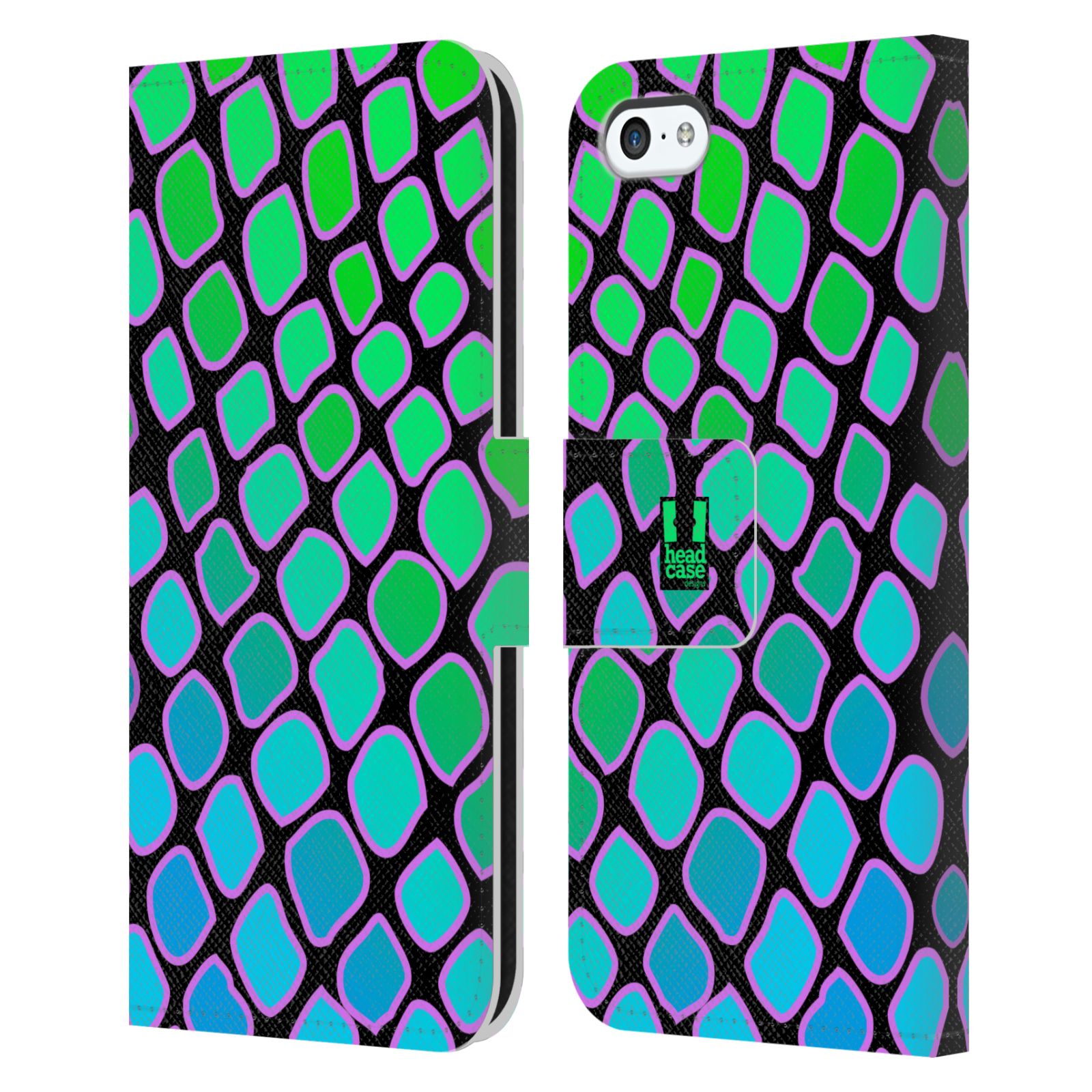 HEAD CASE Flipové pouzdro pro mobil Apple Iphone 5C Zvířecí barevné vzory vodní had modrá a zelená barva AQUA