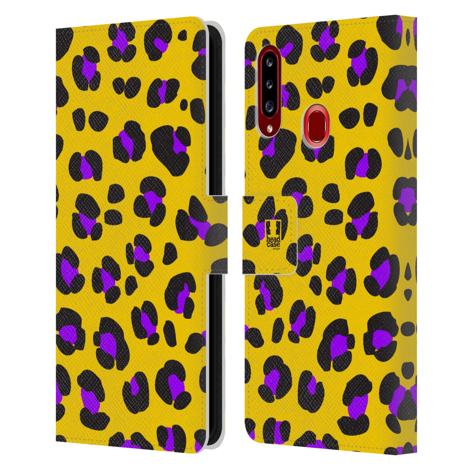 HEAD CASE Flipové pouzdro pro mobil Samsung Galaxy A20s Zvířecí barevné vzory žlutý leopard fialové skvrny