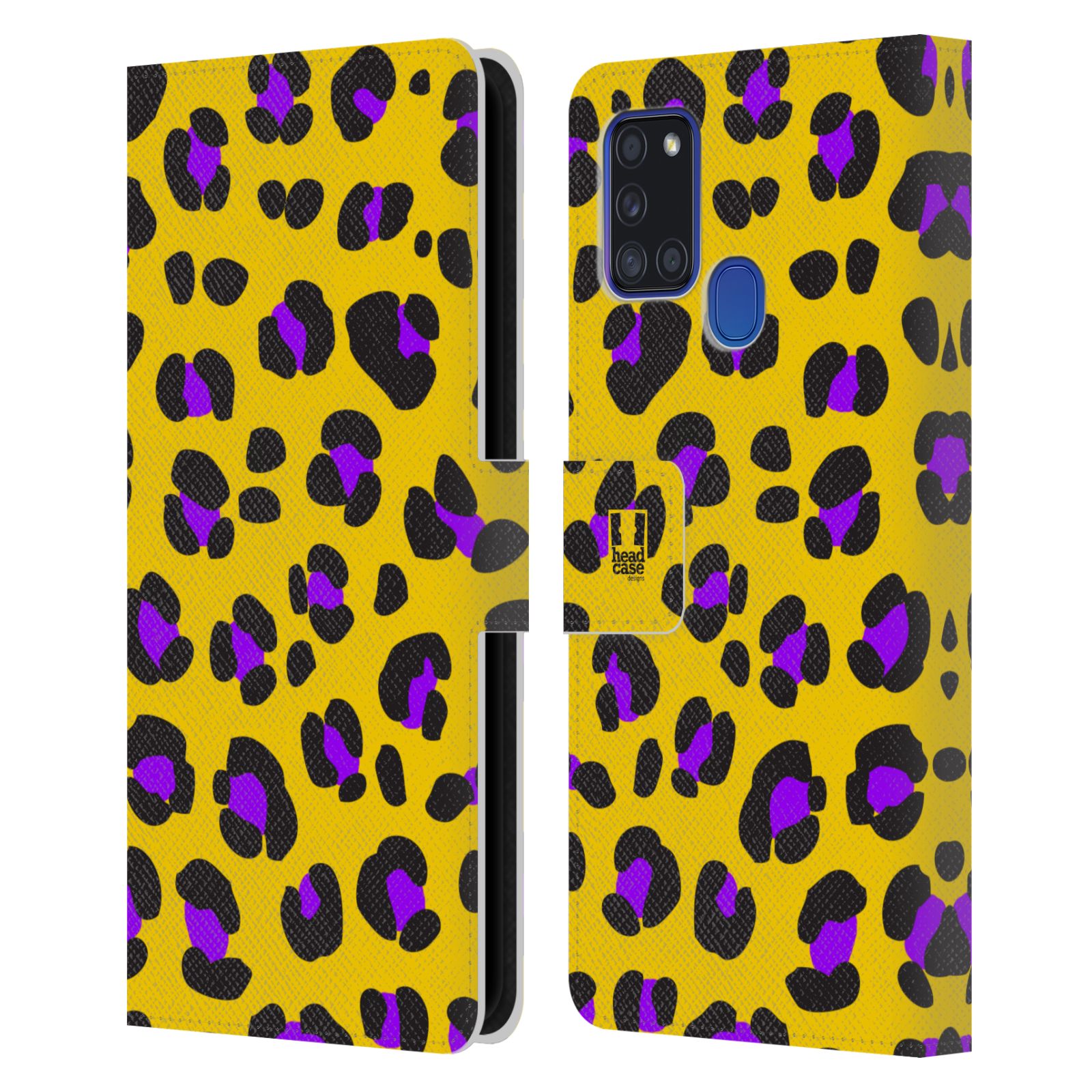HEAD CASE Flipové pouzdro pro mobil Samsung Galaxy A21s Zvířecí barevné vzory žlutý leopard fialové skvrny