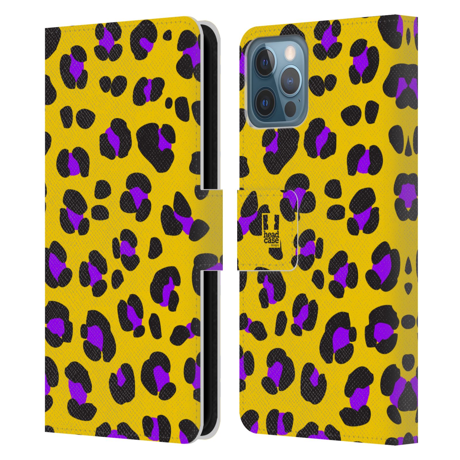 HEAD CASE Flipové pouzdro pro mobil Apple Iphone 12 / Iphone 12 PRO Zvířecí barevné vzory žlutý leopard fialové skvrny