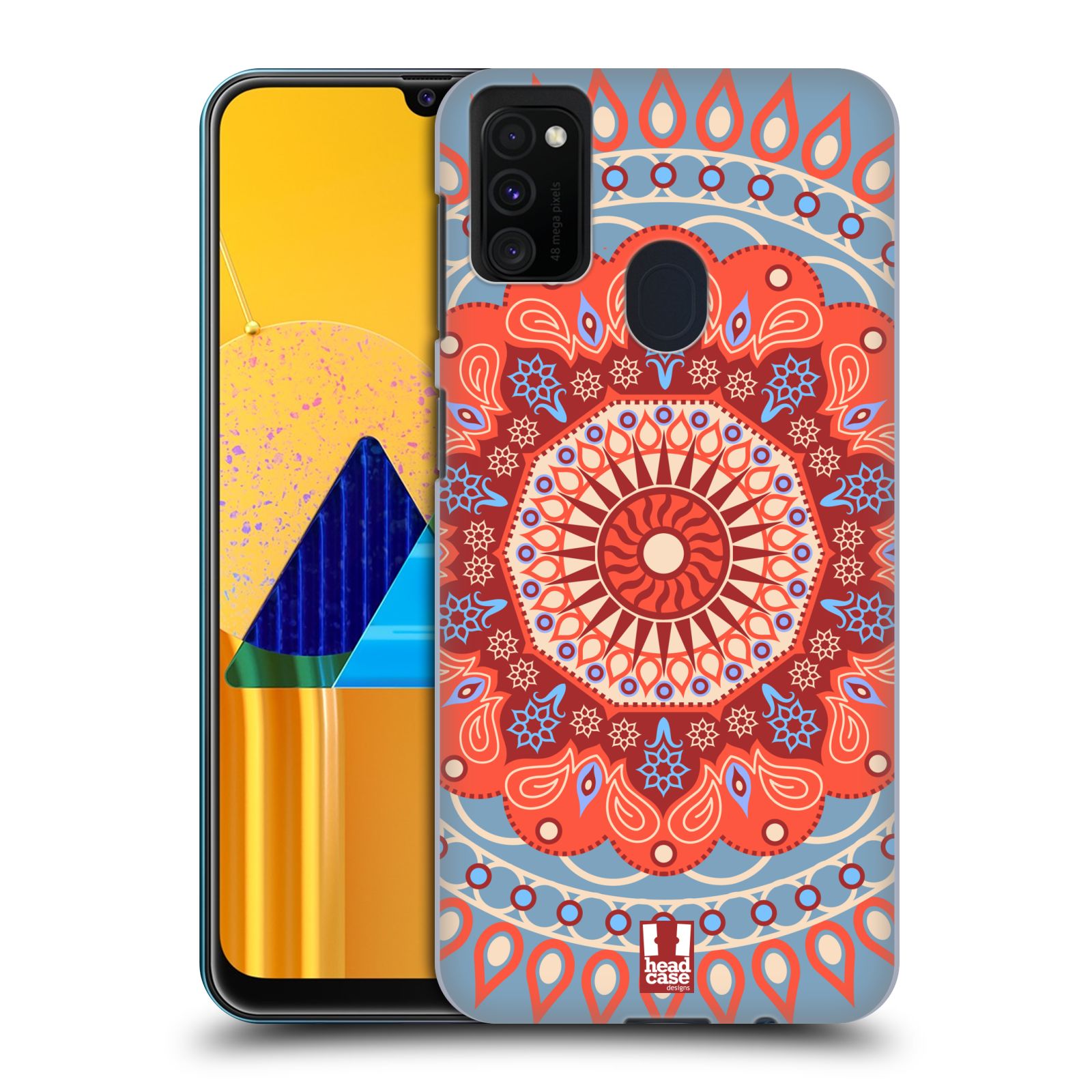 Zadní kryt na mobil Samsung Galaxy M21 vzor Indie Mandala slunce barevný motiv ČERVENÁ A MODRÁ