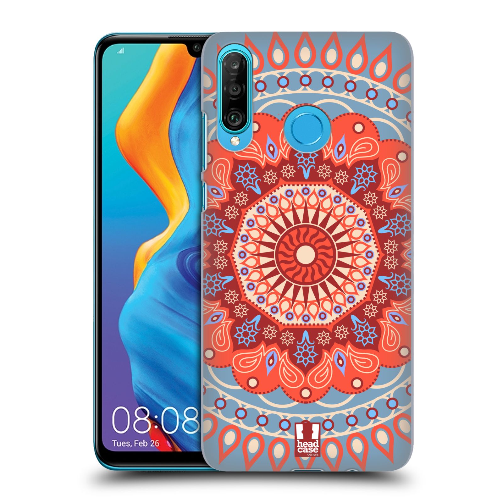 Pouzdro na mobil Huawei P30 LITE - HEAD CASE - vzor Indie Mandala slunce barevný motiv ČERVENÁ A MODRÁ