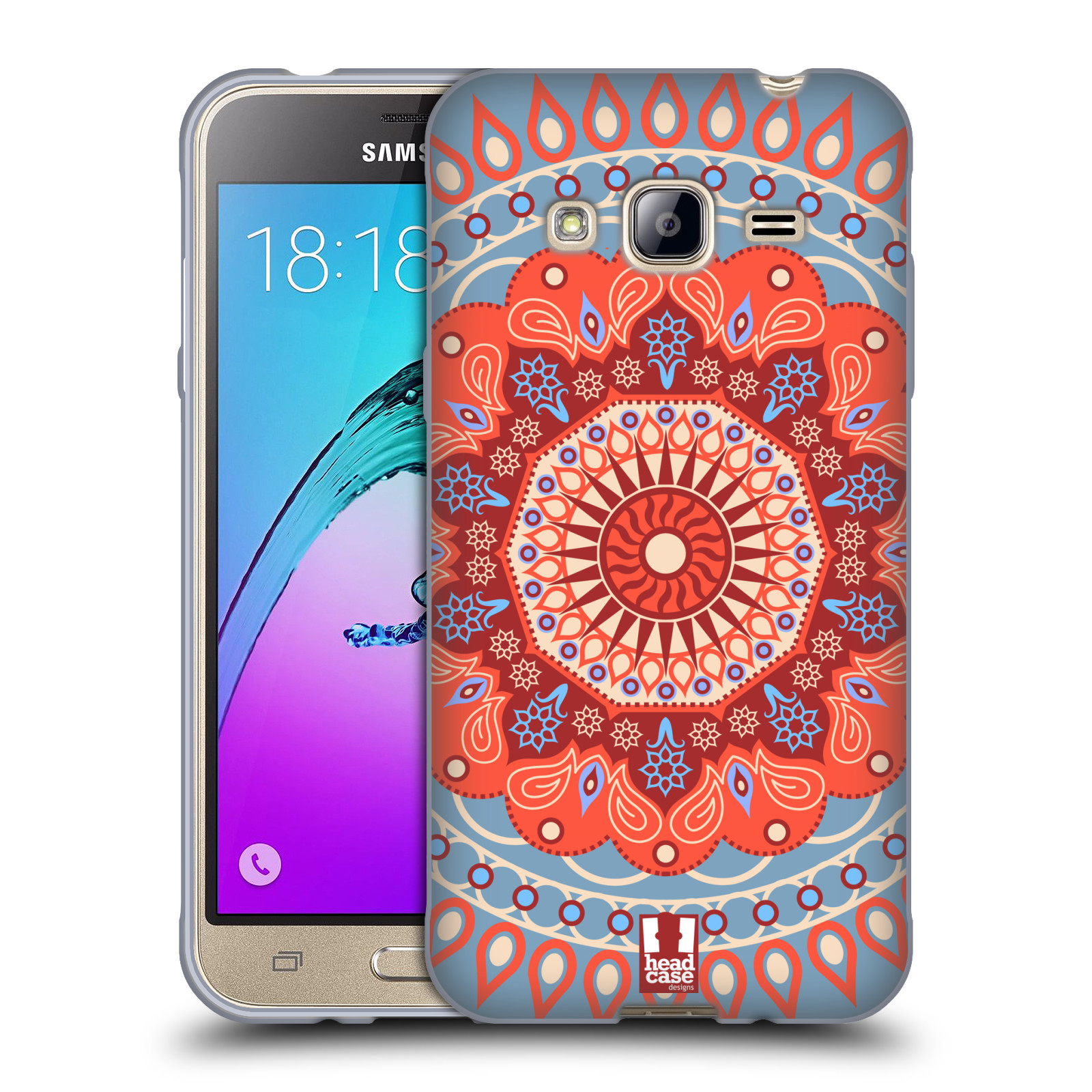 HEAD CASE silikonový obal na mobil Samsung Galaxy J3, J3 2016 vzor Indie Mandala slunce barevný motiv ČERVENÁ A MODRÁ